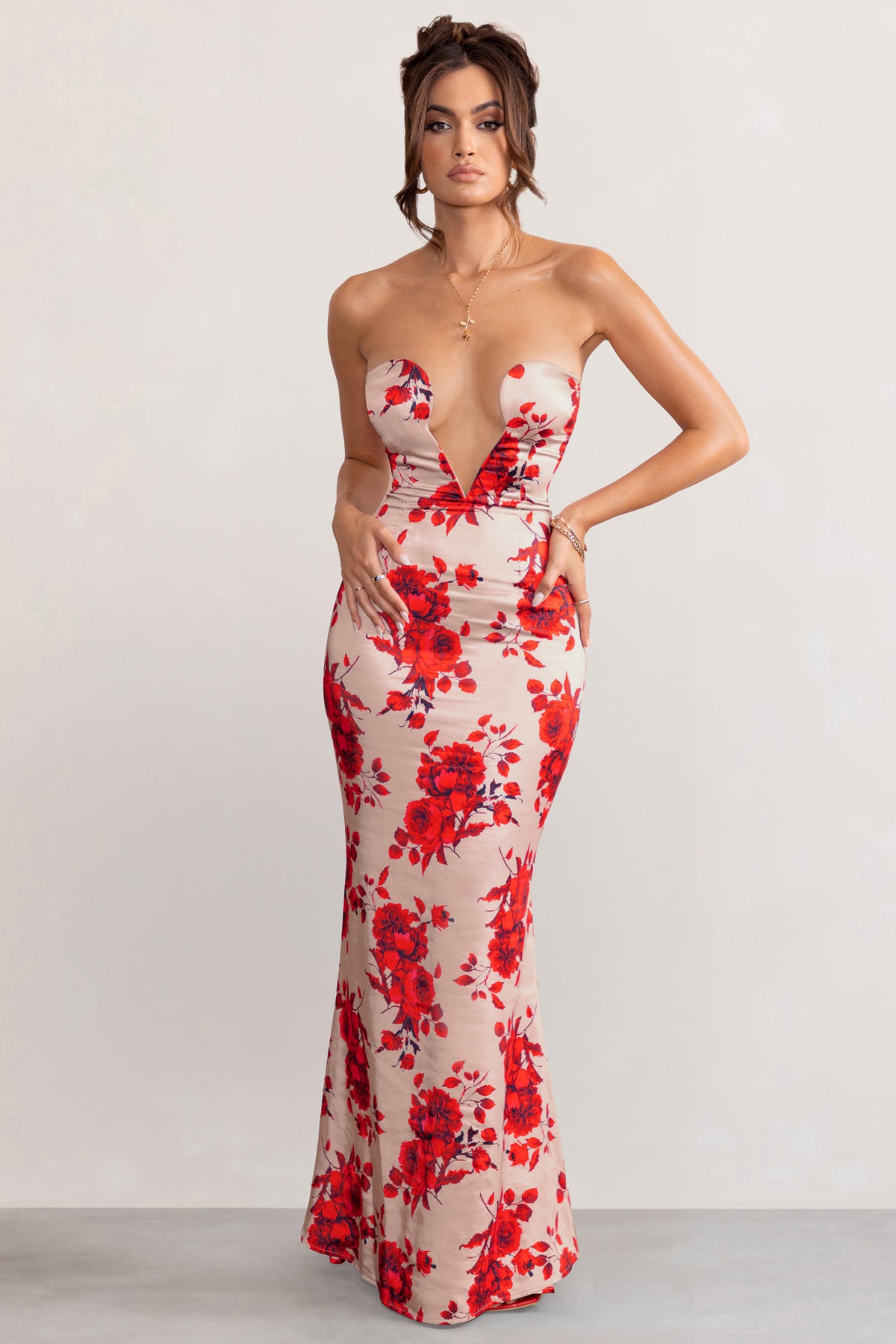 Esme Champagne Floral Print Satin Fishtail Maxi Dress – Club L London - UK