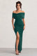 Eva | Bottle Green Bardot Bow Detail Maxi Dress With Thigh Split - Club L 