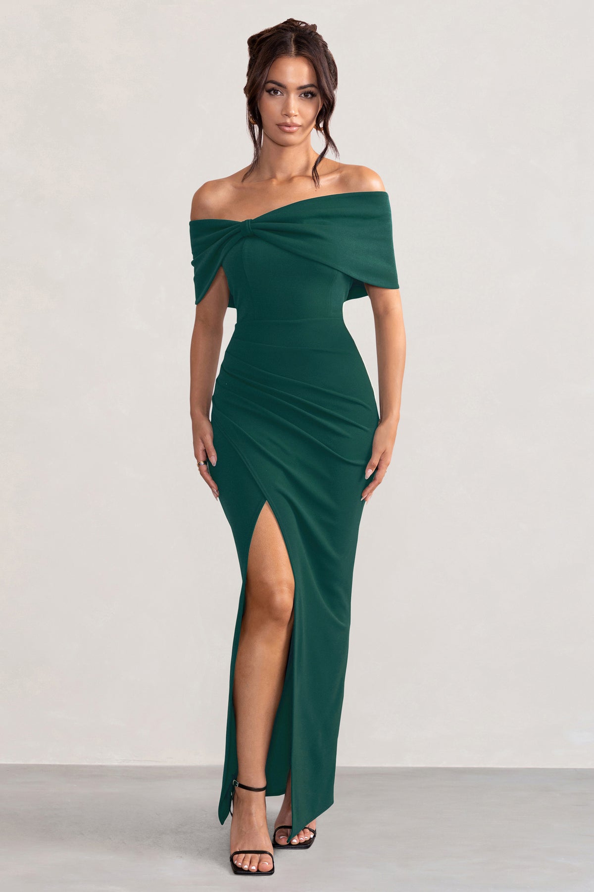 Eva | Bottle Green Bardot Bow Detail Maxi Dress With Thigh Split - Club L 
