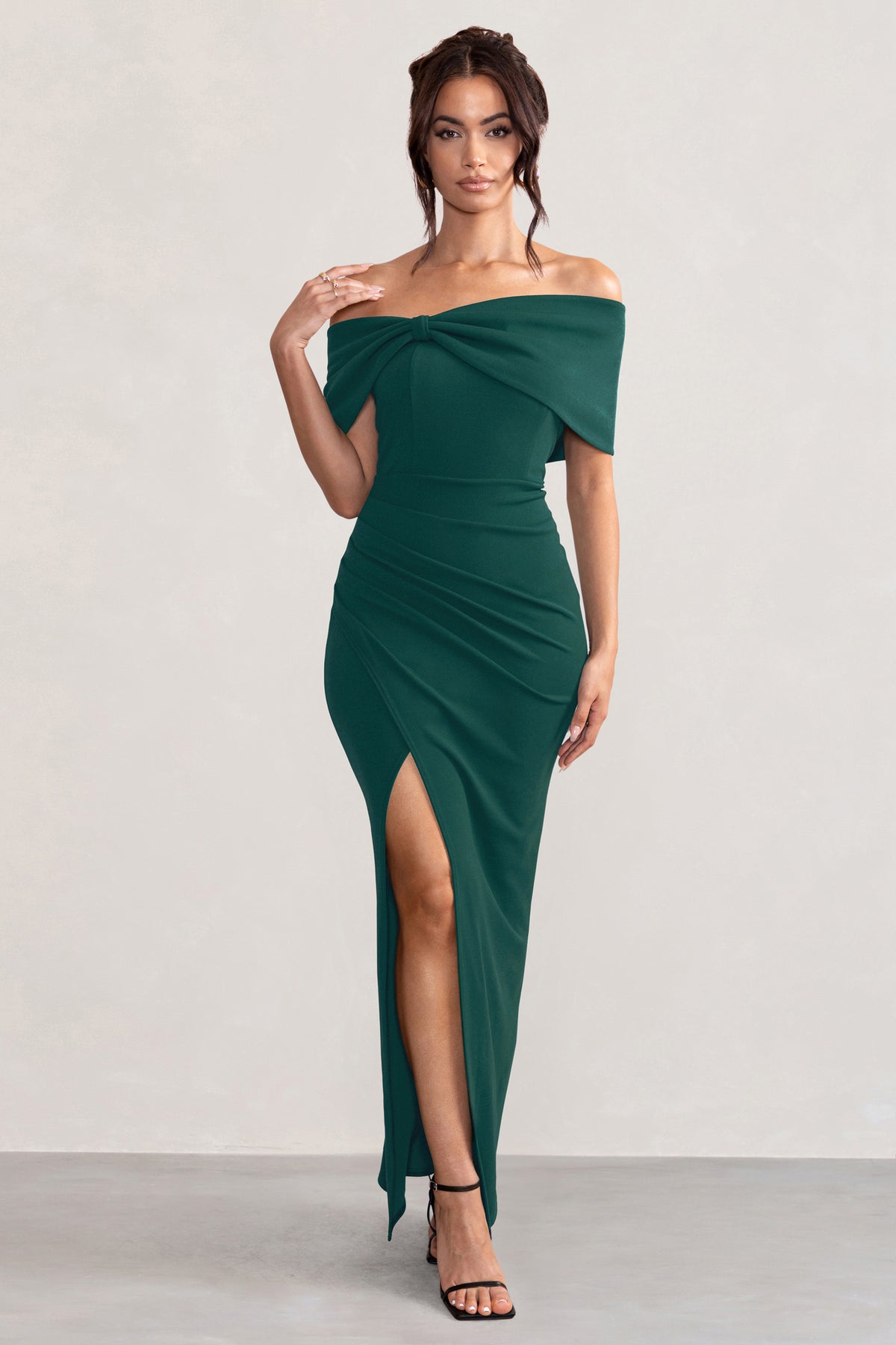 Eva Bottle Green Bardot Bow Detail Maxi Dress With Thigh Split – Club L ...