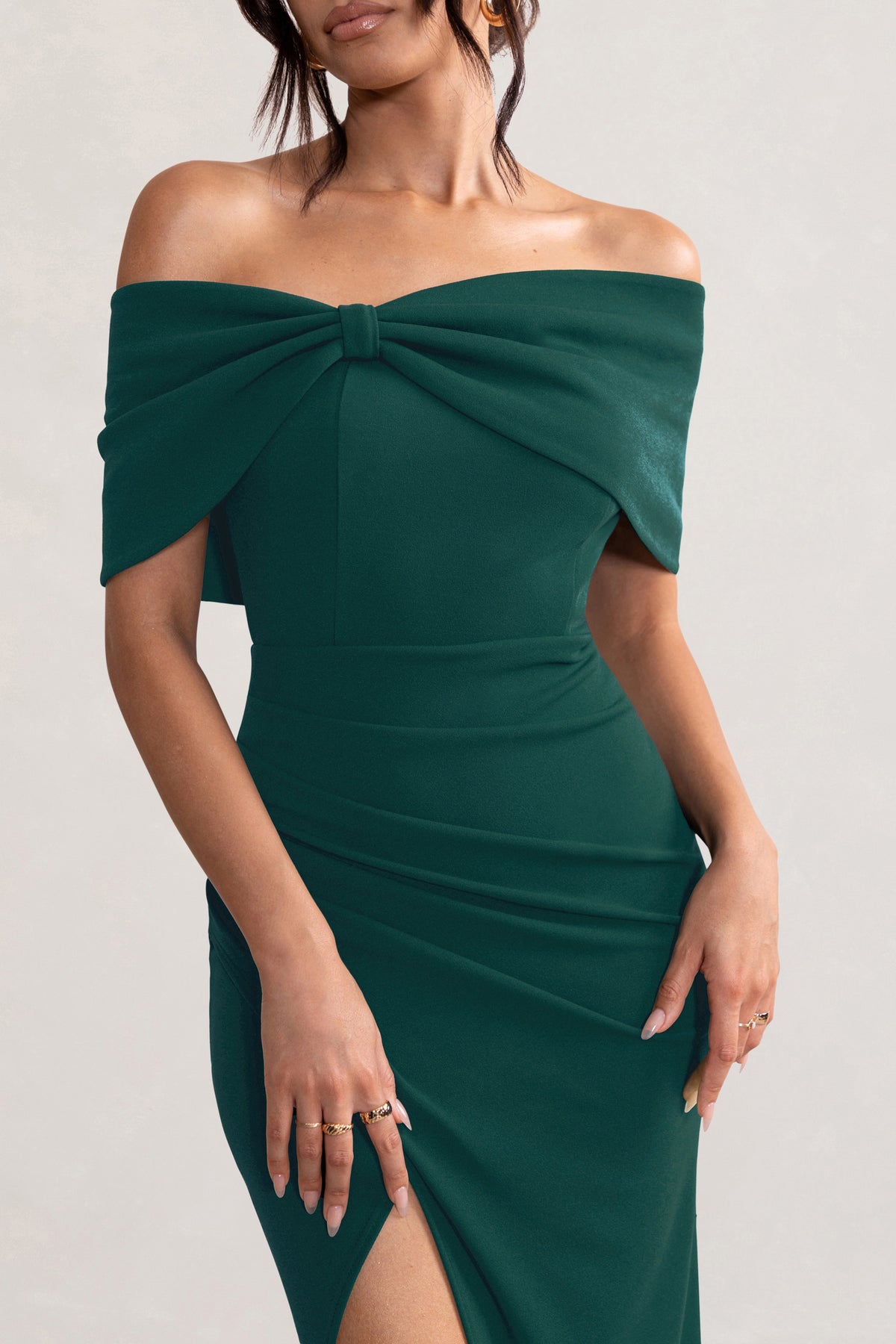 Eva | Bottle Green Bardot Bow Detail Maxi Dress With Thigh Split - Club L 