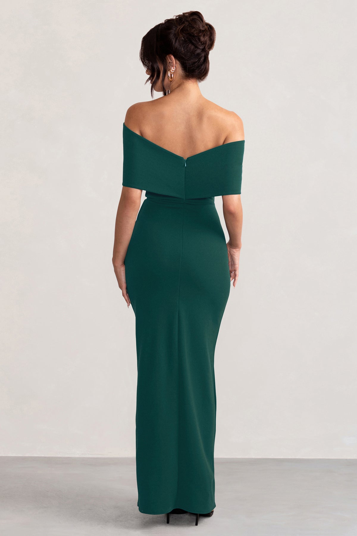Eva | Bottle Green Bardot Bow Detail Maxi Dress With Thigh Split - Club L 
