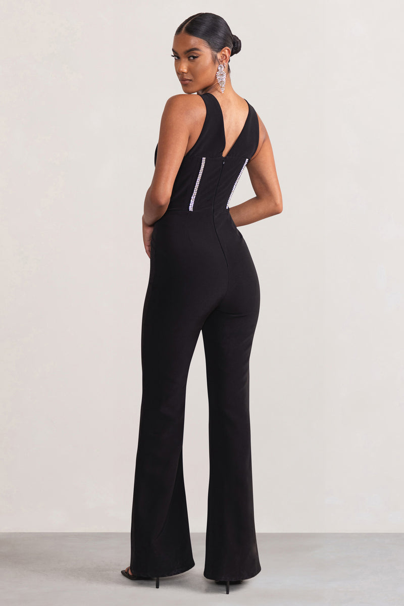 Alison Black Plunge Corset Jumpsuit With Diamante Trim Detail – Club L ...