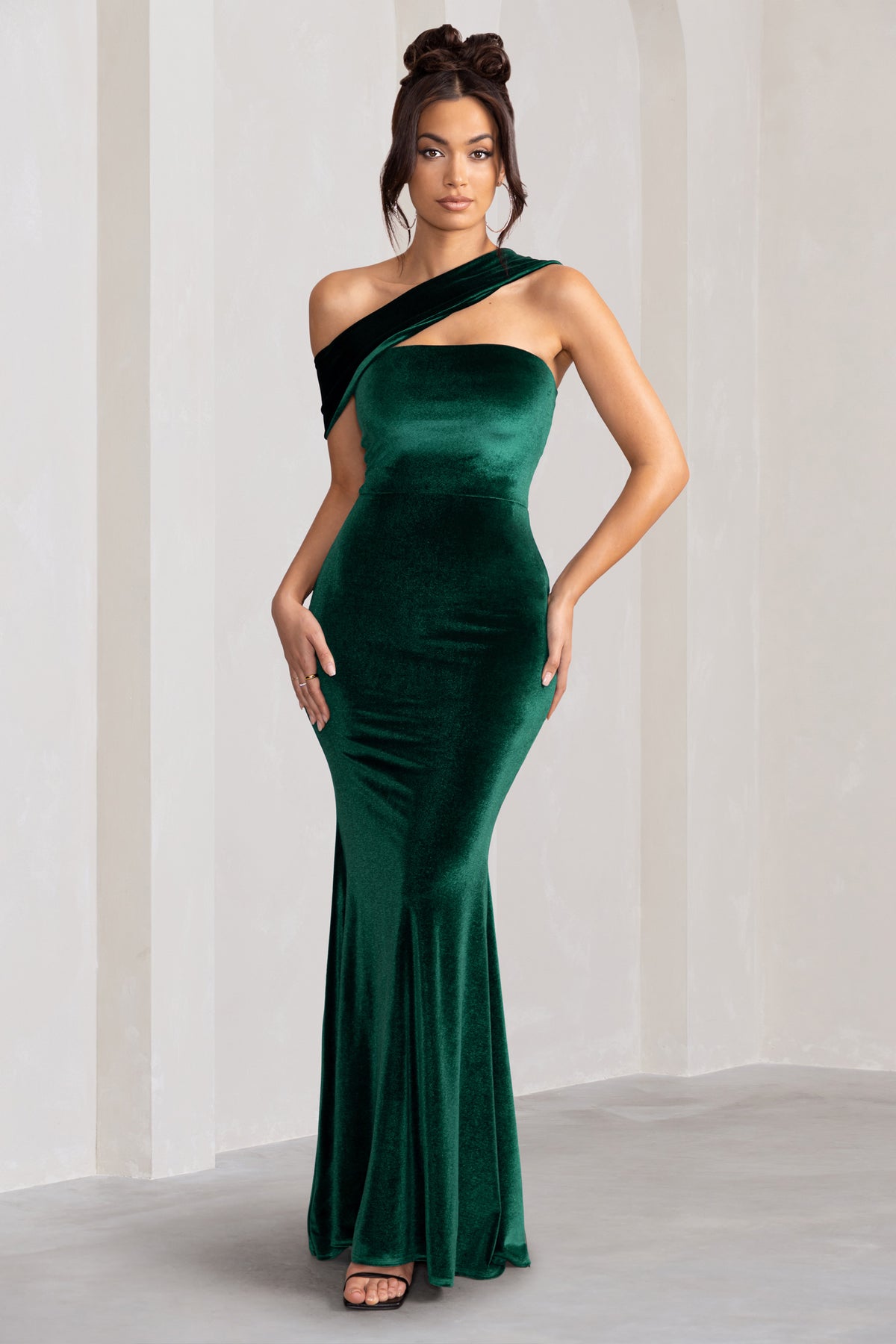 Candela Bottle Green Velvet Asymmetric Bardot Maxi Dress – Club L ...
