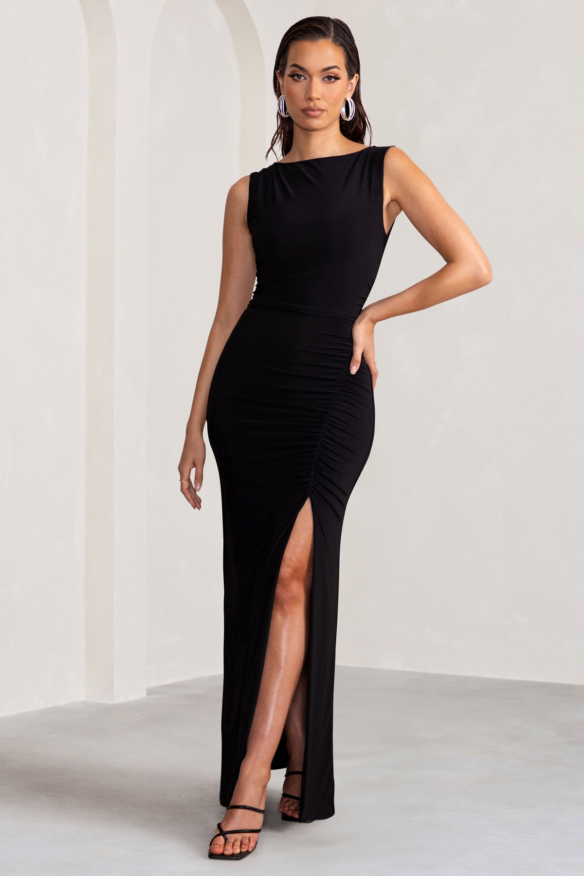 Ione Black Ruched Wide Neck Maxi Dress With Open Back Detail – Club L ...