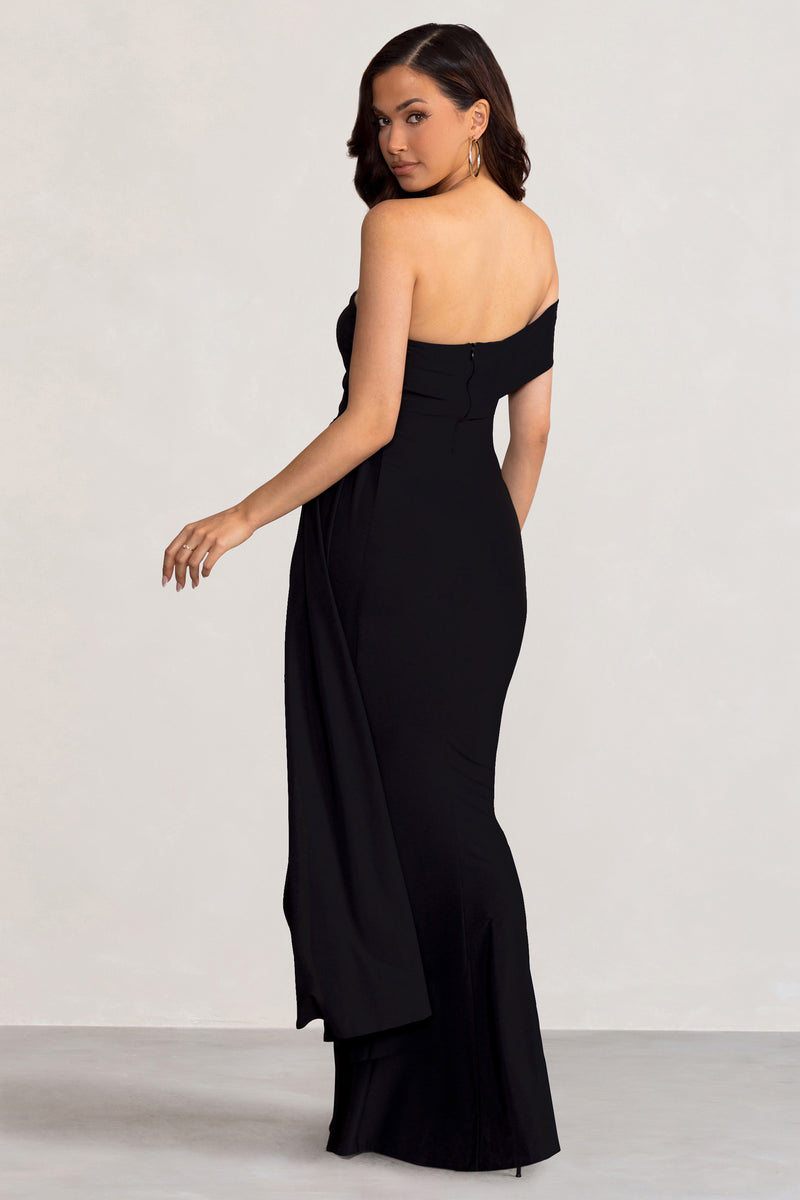 Aaliyah Black Asymmetric Bardot Maxi Dress with Drape – Club L London - UK