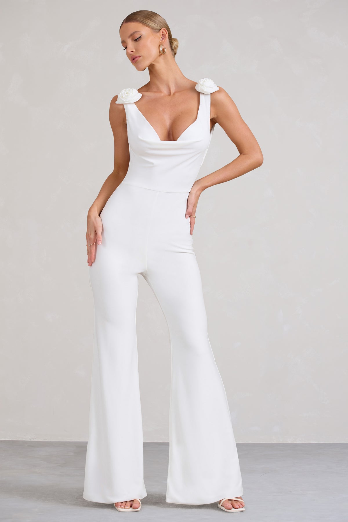 Posy White Cowl-Neck Jumpsuit With Corsages And Lace Detail – Club L ...