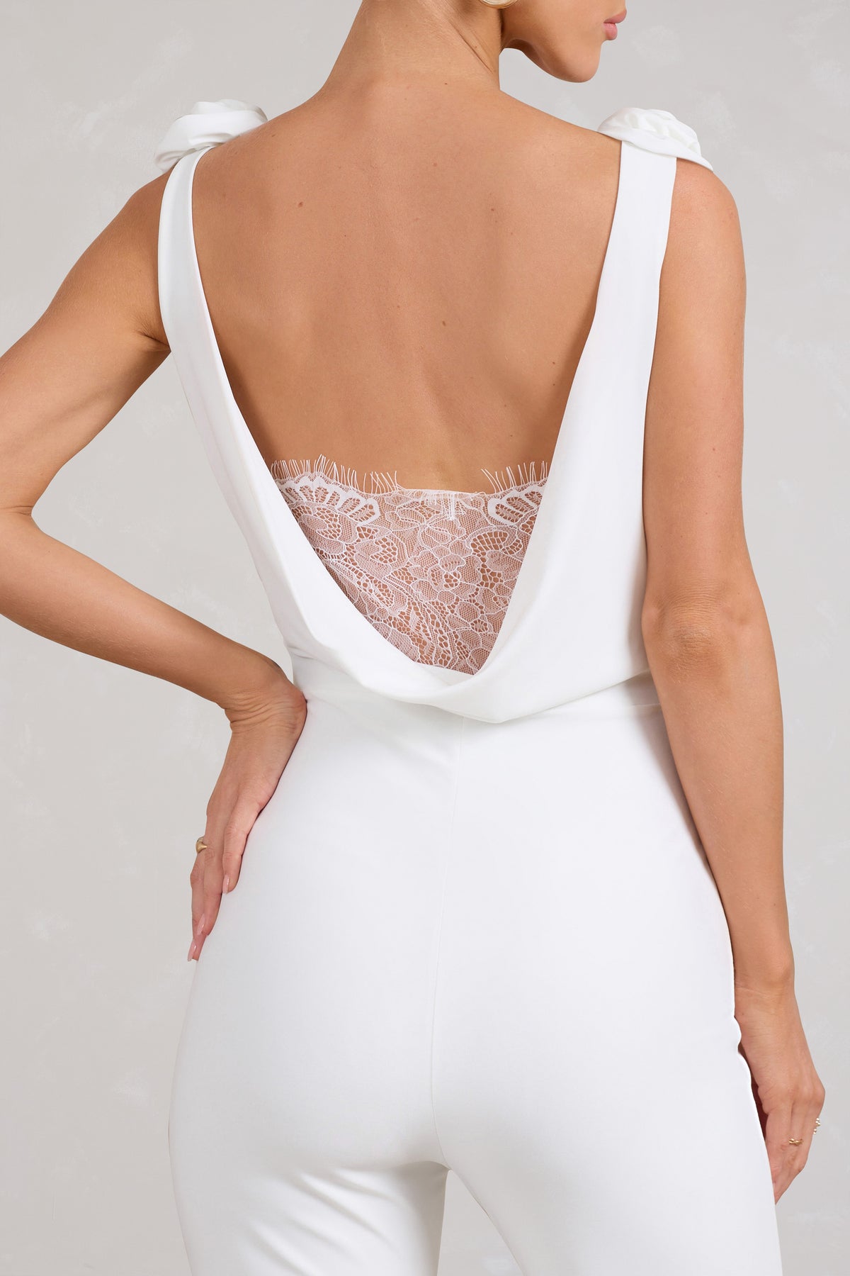Posy White Cowl-Neck Jumpsuit With Corsages And Lace Detail – Club
