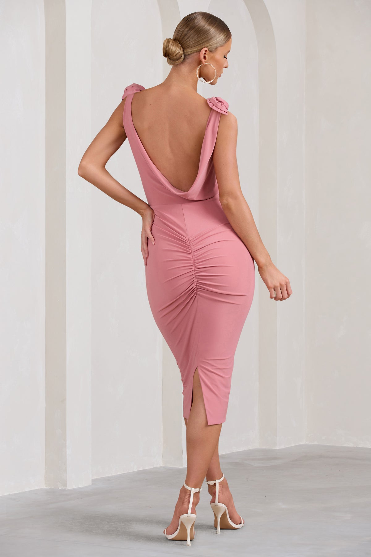 Rosy Pink Cowl-Neck Midi Dress With Floral Corsages – Club L