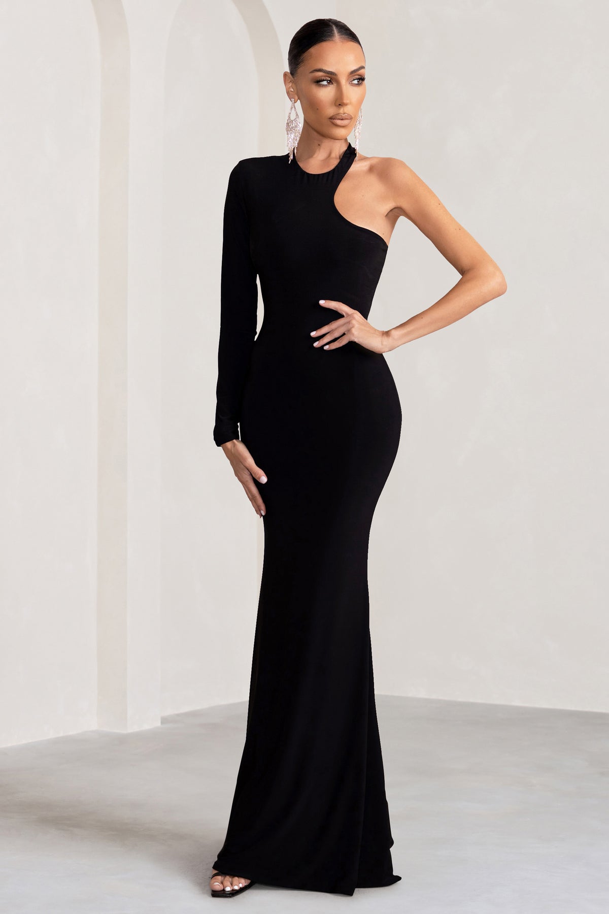 Tyra Black Asymmetric Neck Cut Out Maxi Dress With Open Back Detail ...