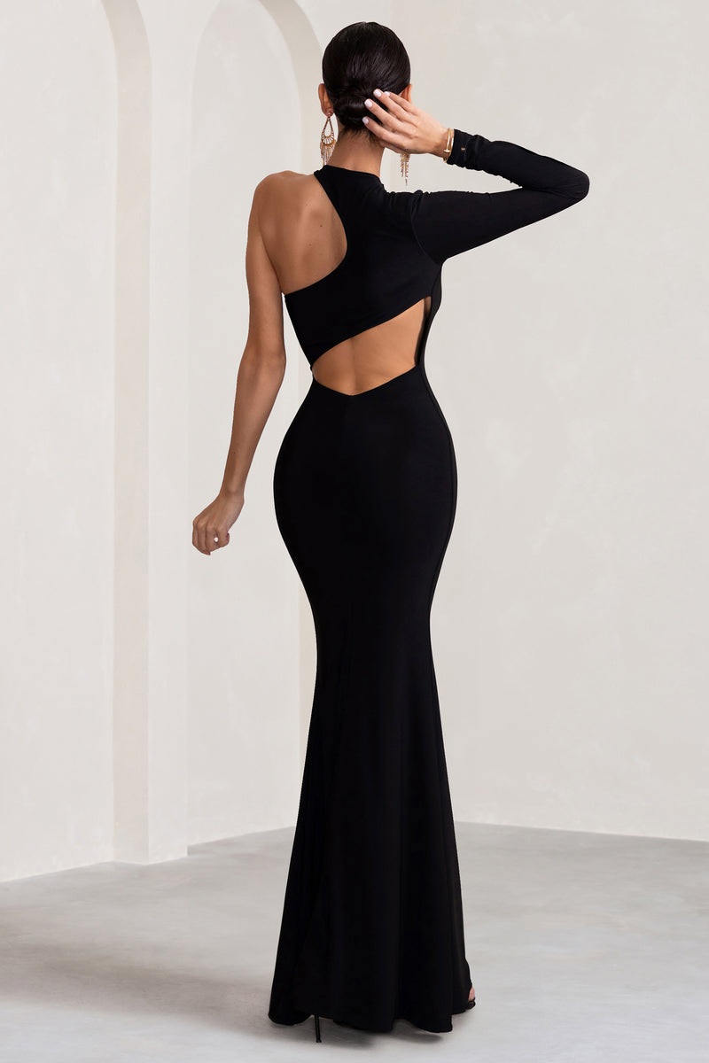 Tyra Black Asymmetric Neck Cut Out Maxi Dress With Open Back Detail ...