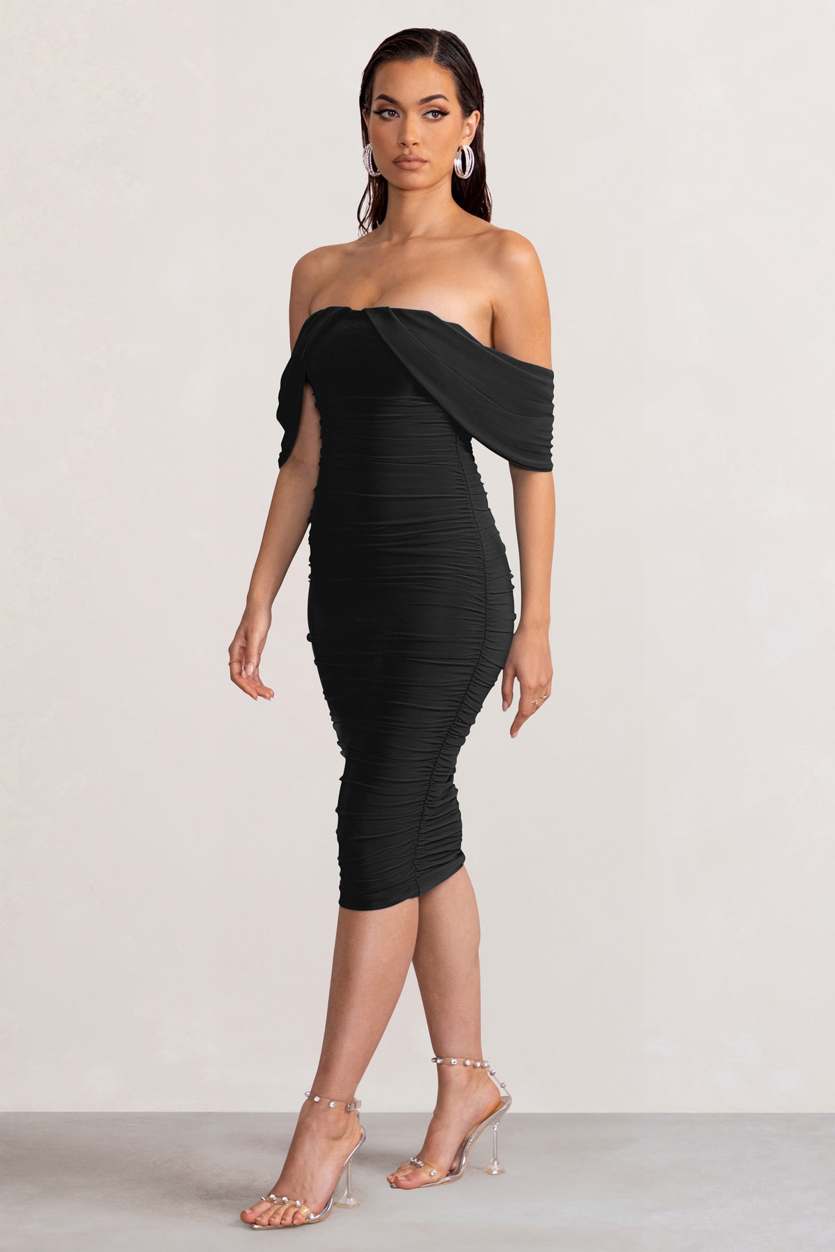 Express Express Body Contour Mesh Ruched Side Slit Midi Dress With