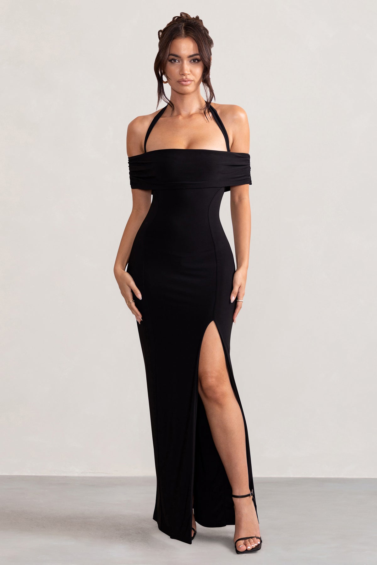 Anisa Black Halter Neck Bardot Maxi Dress With Thigh Split – Club L ...
