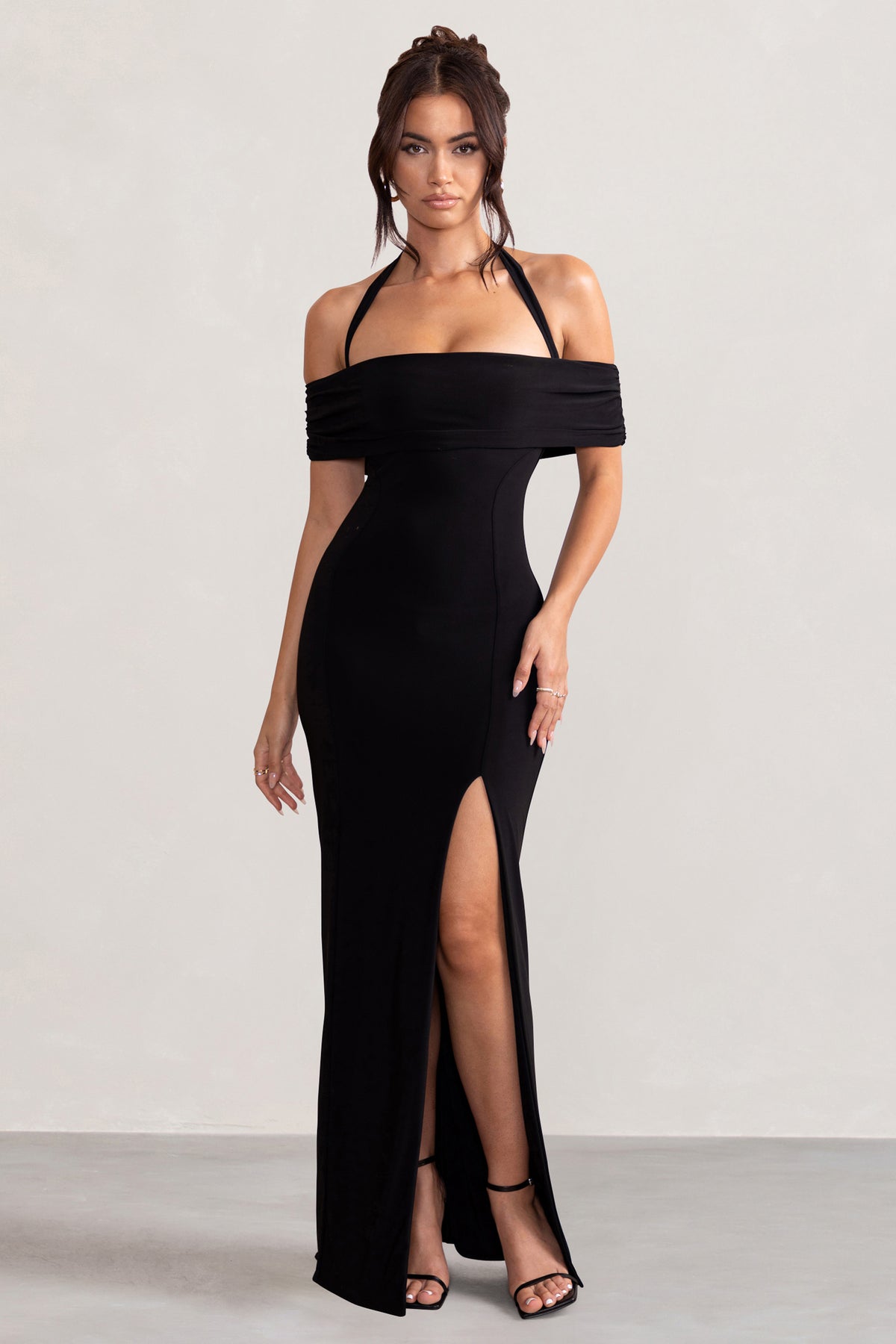 Anisa Black Halter Neck Bardot Maxi Dress With Thigh Split – Club L ...