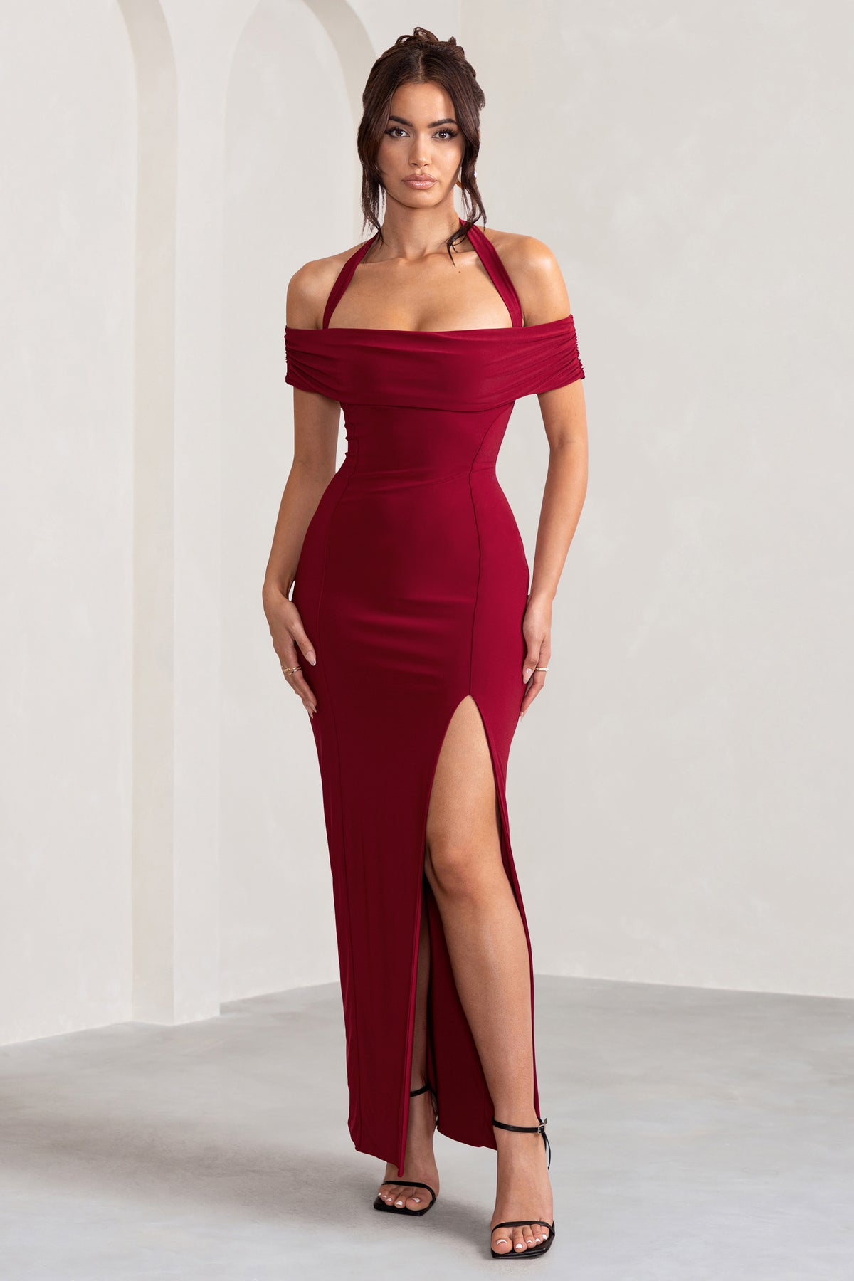 Anisa Burgundy Halter Neck Bardot Maxi Dress With Thigh Split – Club L ...