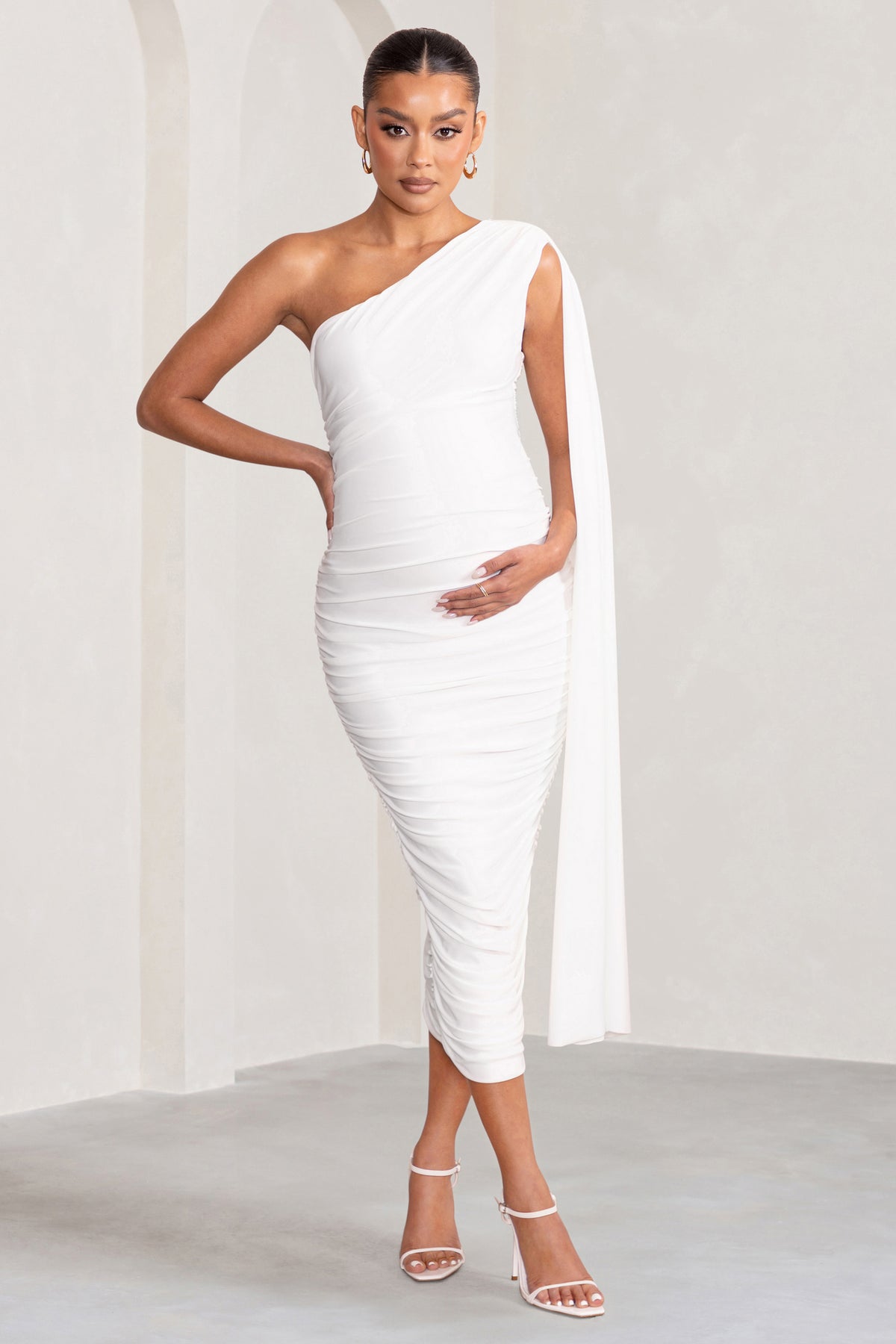 Yara White One Sleeve Ruched Maternity Midi Dress with Cape Sleeve ...