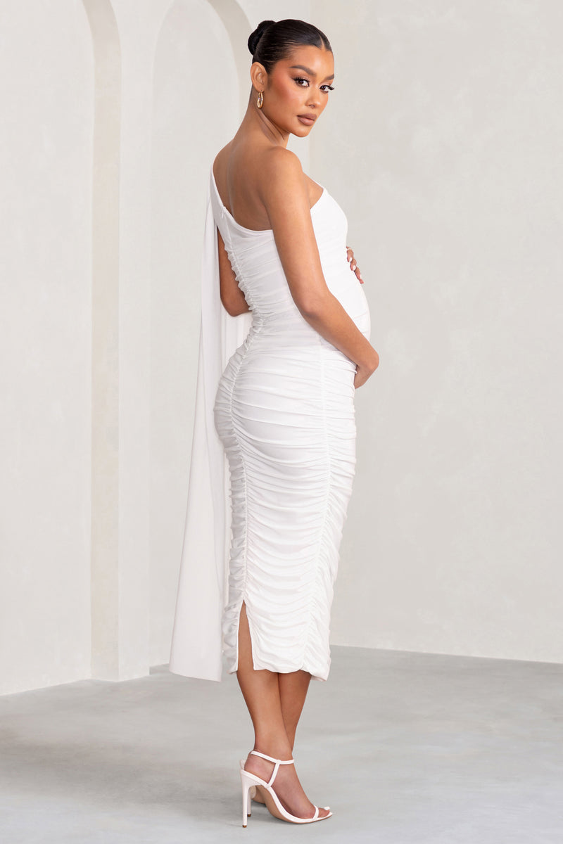 Yara White One Sleeve Ruched Maternity Midi Dress with Cape Sleeve ...