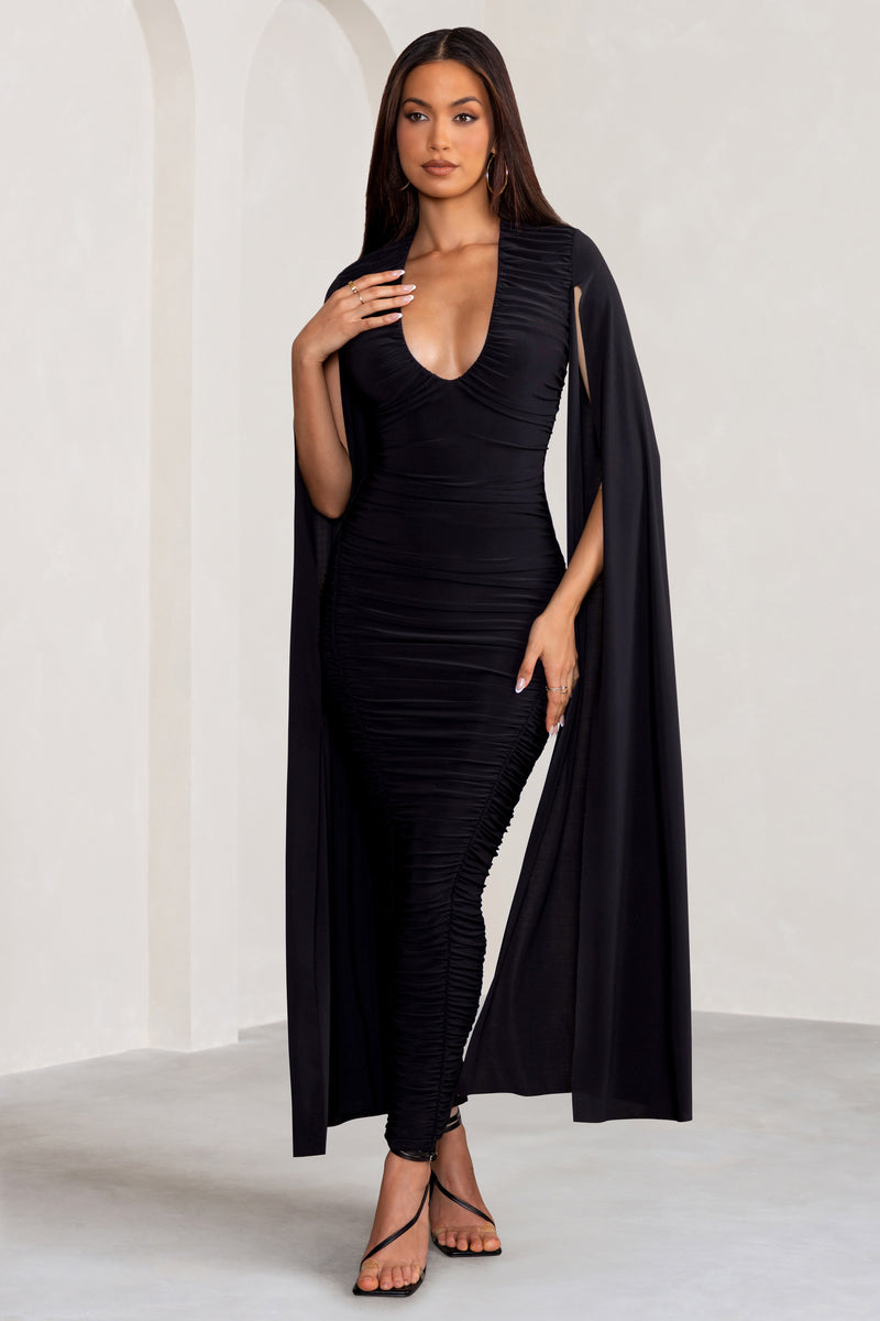 Georgiana Black Plunge Ruched Maxi Dress with Cape Sleeves – Club L ...