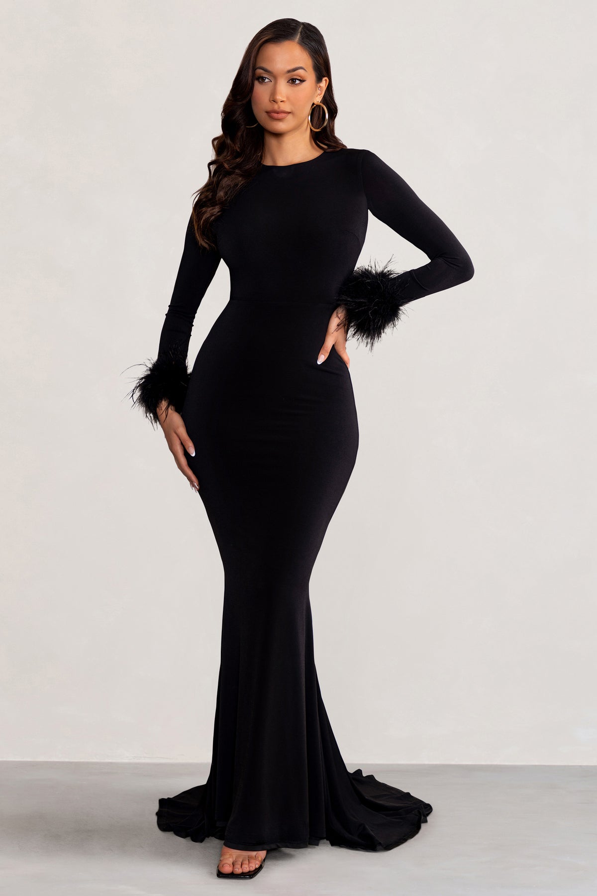 Betty Black High Neck Long Sleeve Maxi Dress with Feather Cuffs