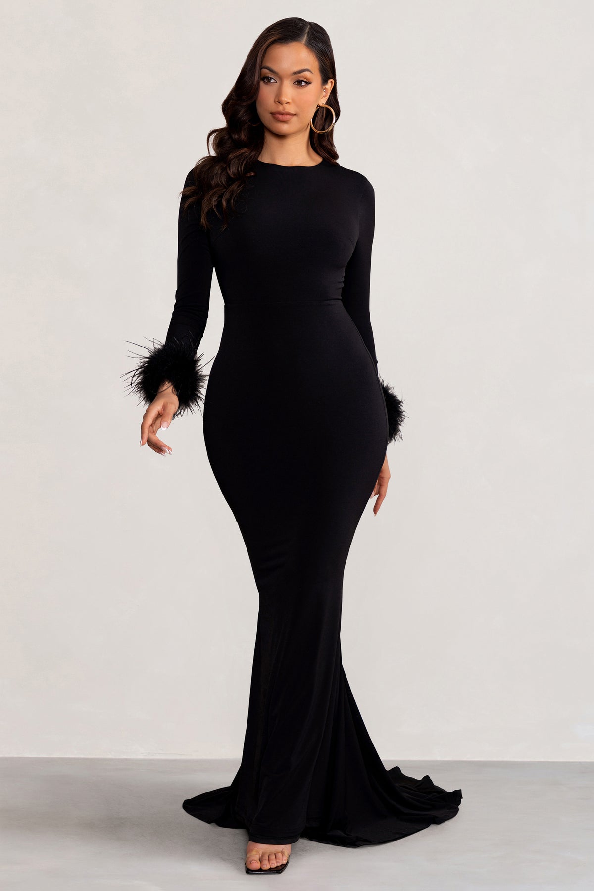 Betty Black High Neck Long Sleeve Maxi Dress with Feather Cuffs – Club L  London - UK