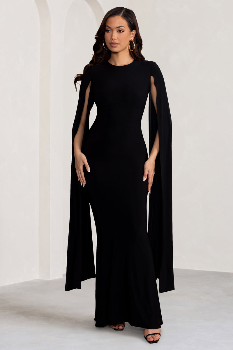 Kimmy | Black High Neck Maxi Dress with Cape Sleeves