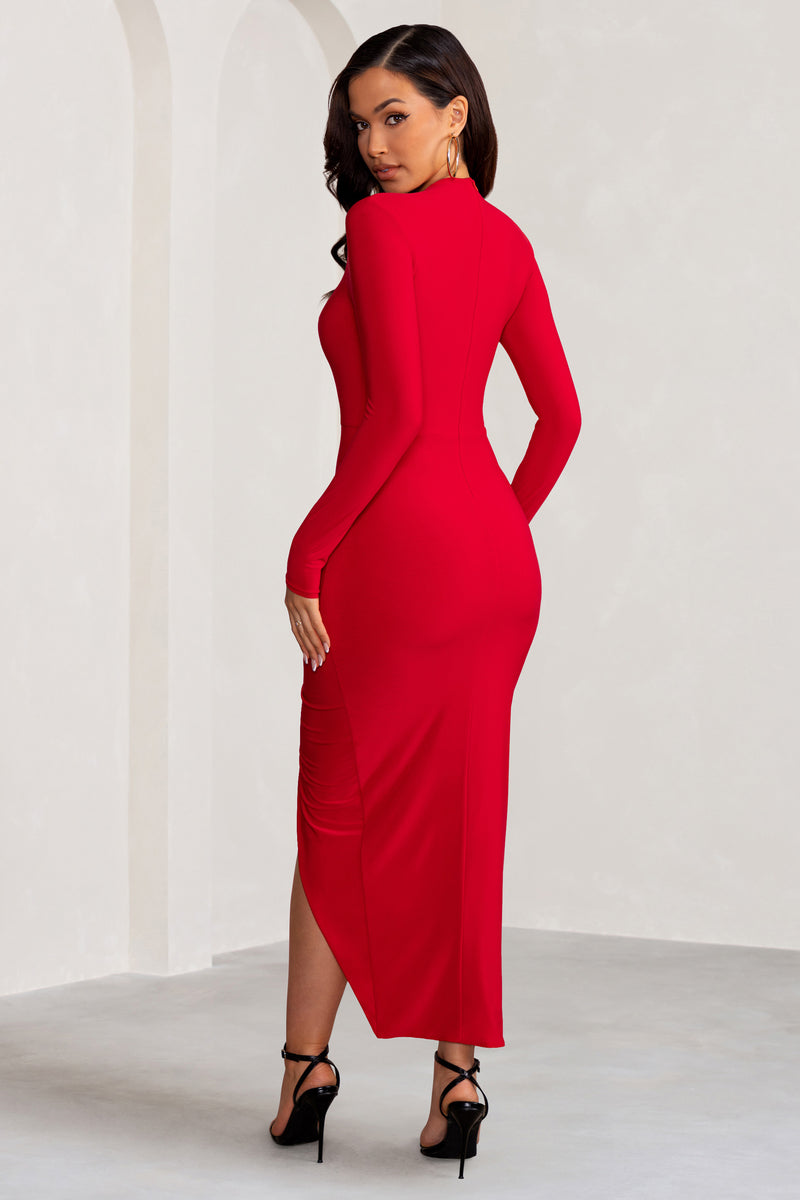 Alana Red Long Sleeve High Neck Maxi Dress with Ruched Waist and Fro ...
