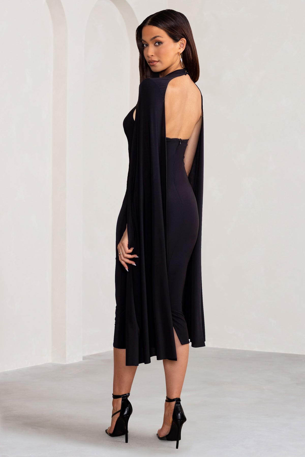 Myla Black V-Neck Ruched Midi Dress with Cape Overlay – Club L 
