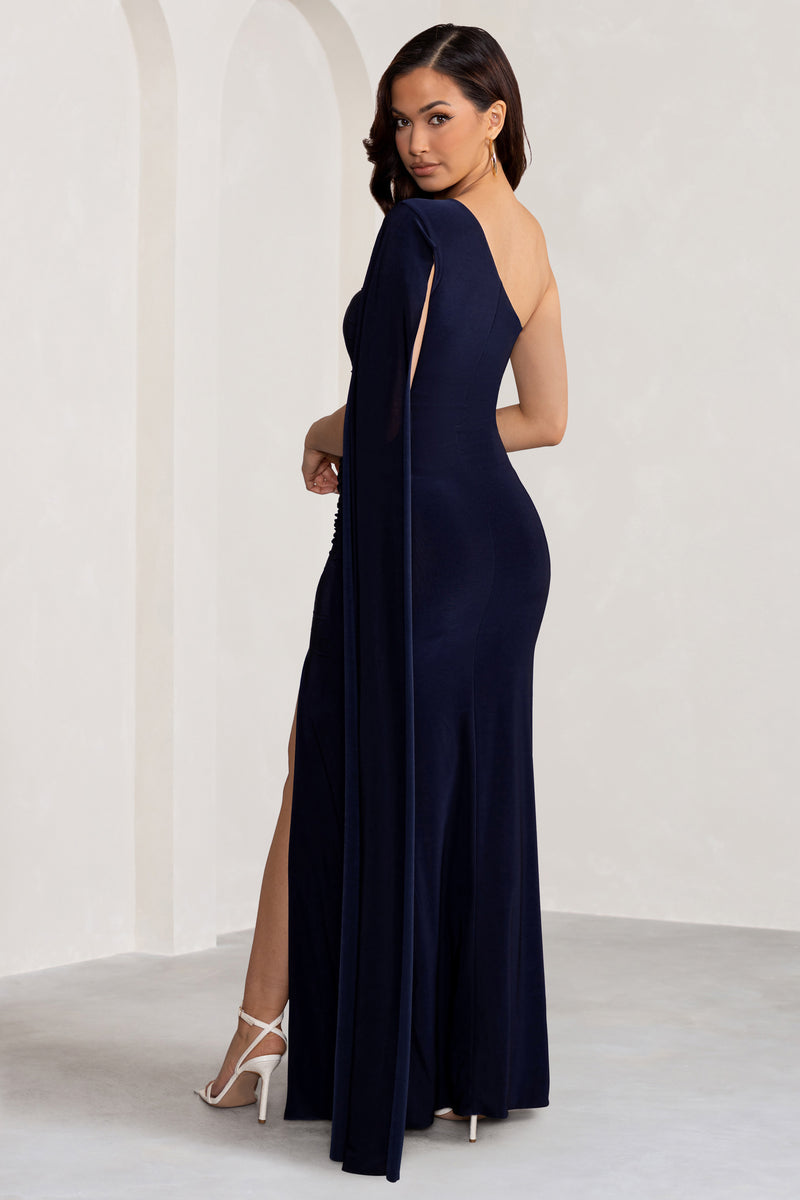 Alexia Navy One-Shoulder Maxi Dress with Cape Sleeve and Thigh Split ...