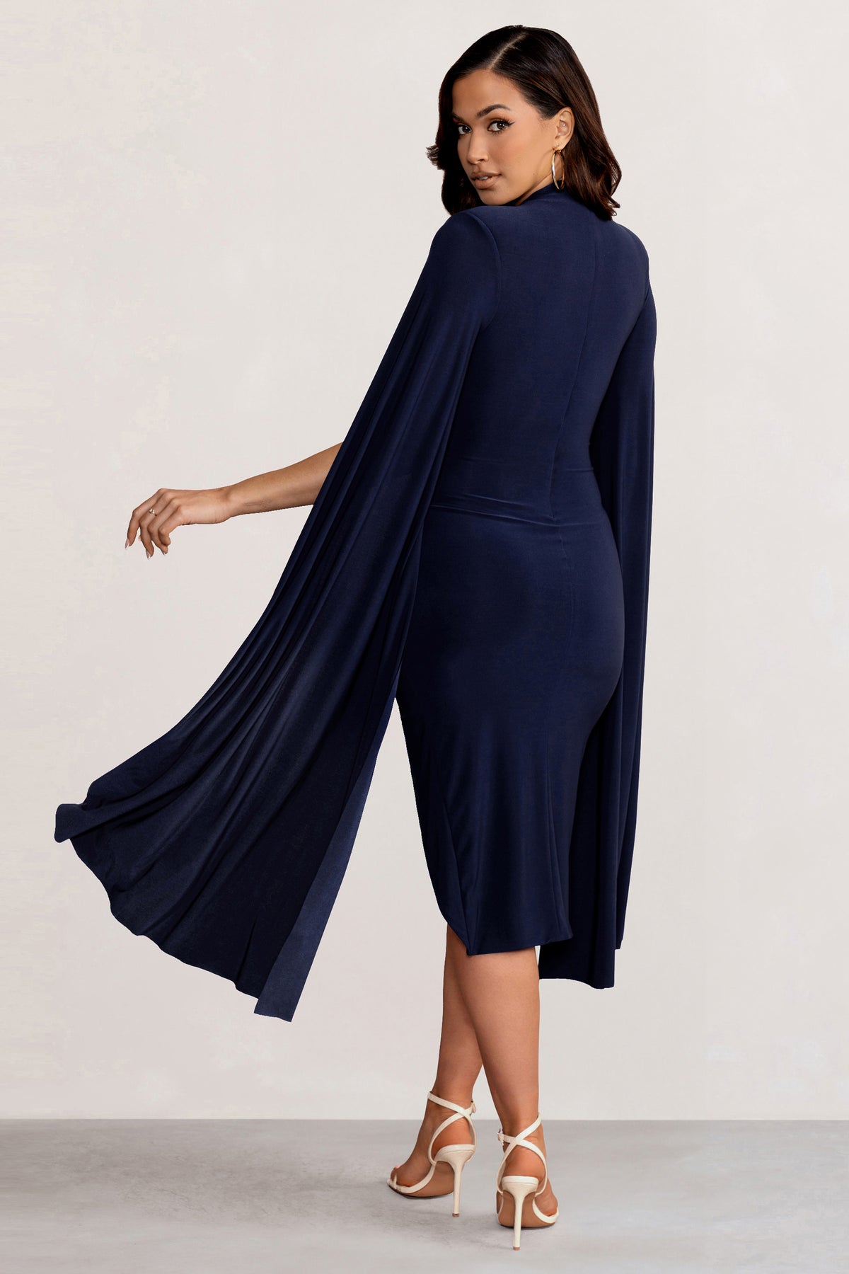 Sara Navy High Neck Ruched Midi Dress with Cape Sleeves – Club L