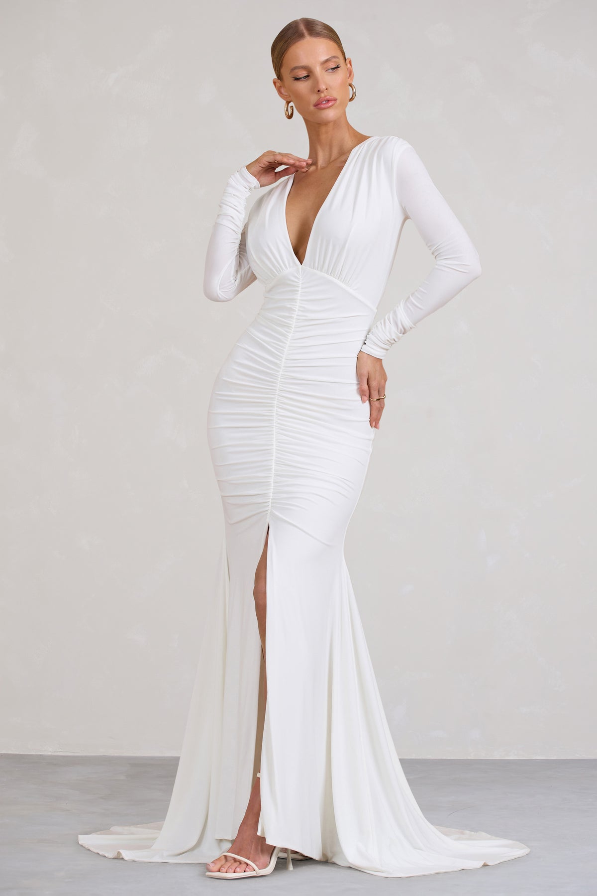Demure White Ruched Long-Sleeved Split Fishtail Maxi Dress – Club L ...