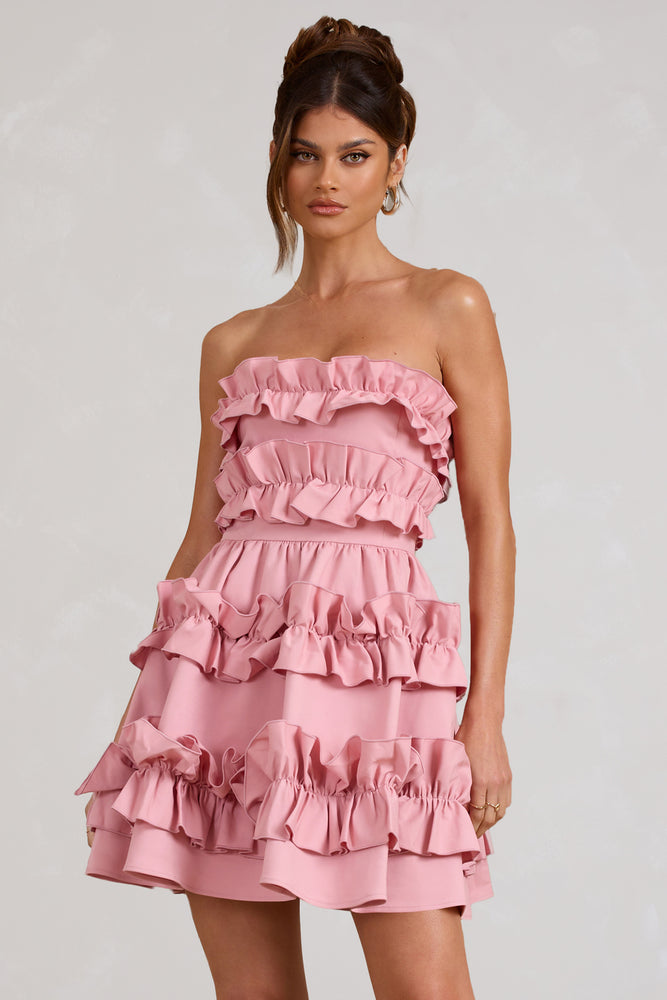 Rosette Blush Ruffled Bandeau Mini Dress Club L London Uk