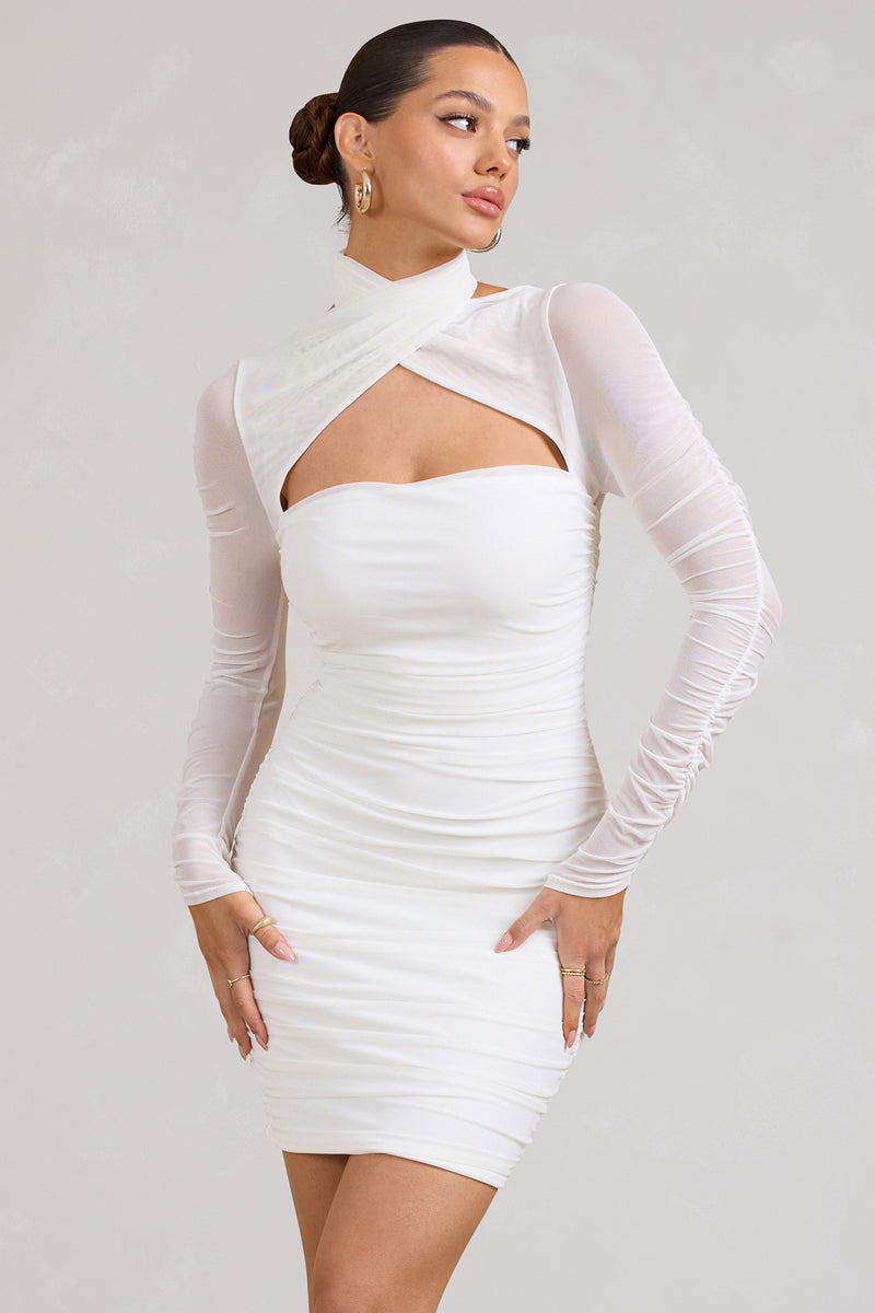 Bouquet Toss White Ruched Mesh Long-Sleeved Mini Dress – Club L London - UK