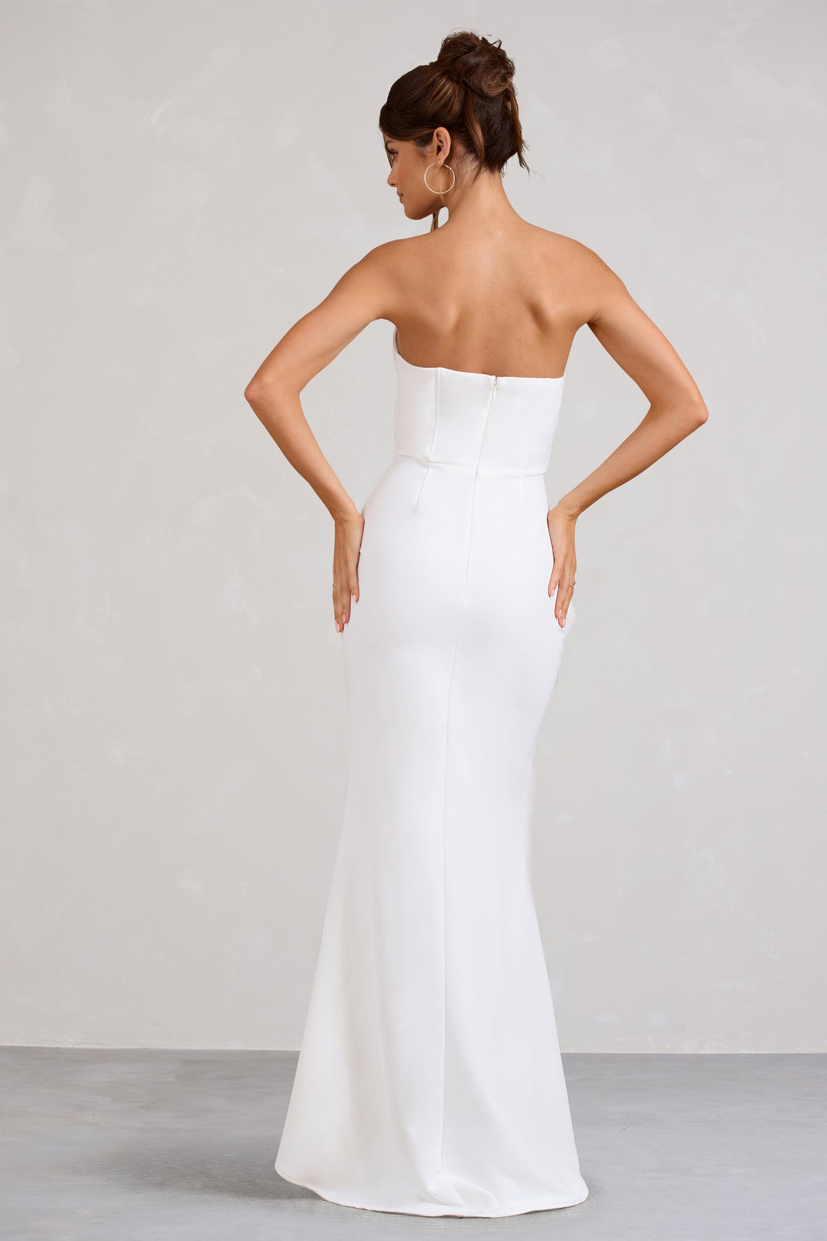 Say Yes White Corset Maxi Dress With Split Feather Skirt – Club L
