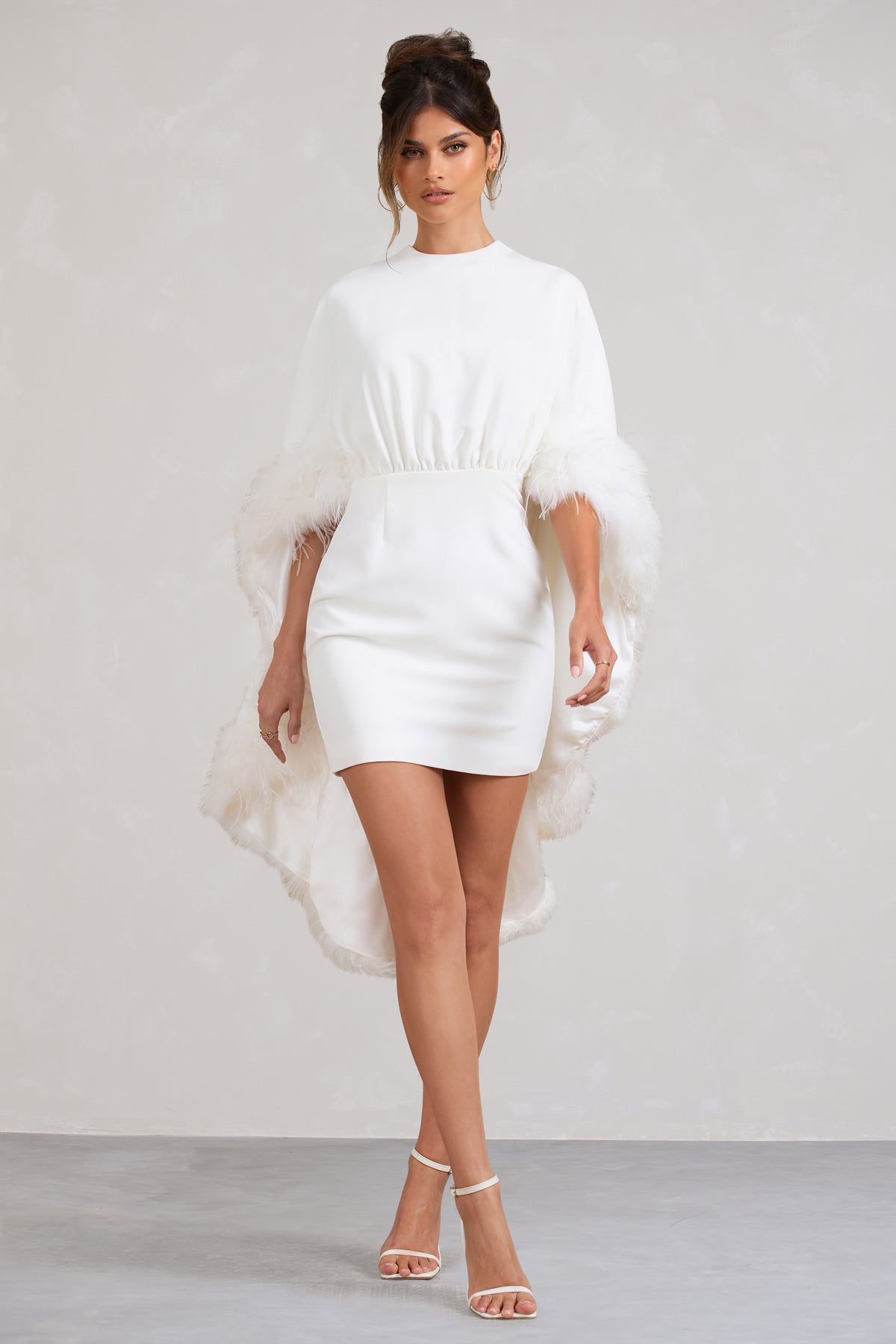 Of The Manor White Gathered Mini Dress With Feather Cape – Club L 