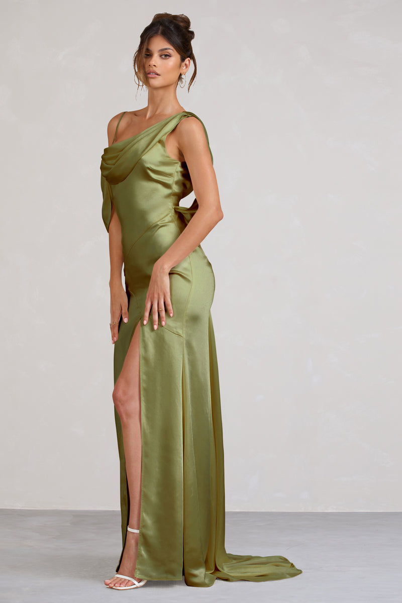 Jayne Olive Satin Asymmetric Draped Split Maxi Dress – Club L London - UK