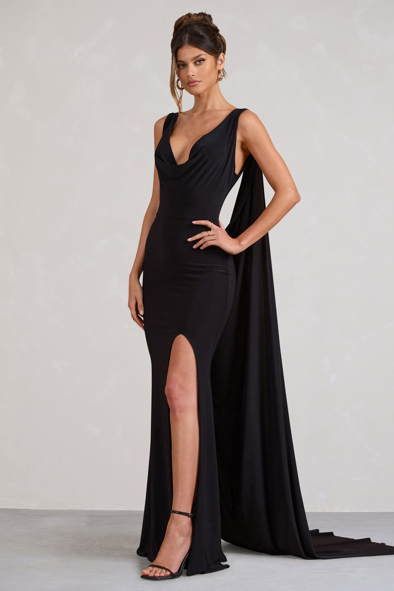 A Toast Black Split Maxi Dress With Draped Cape – Club L London - UK