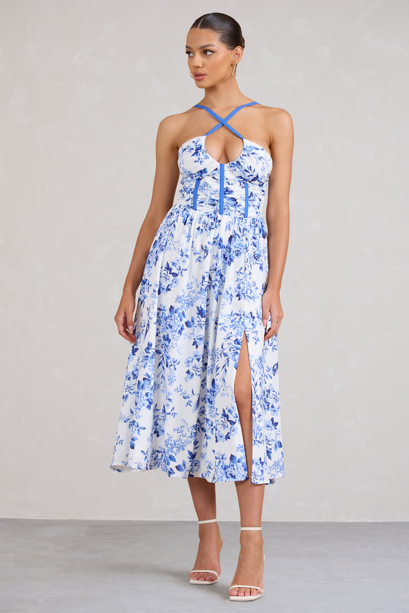 Lady Loren Blue Floral Ruched Cross-Strap Split Midi Dress – Club L ...