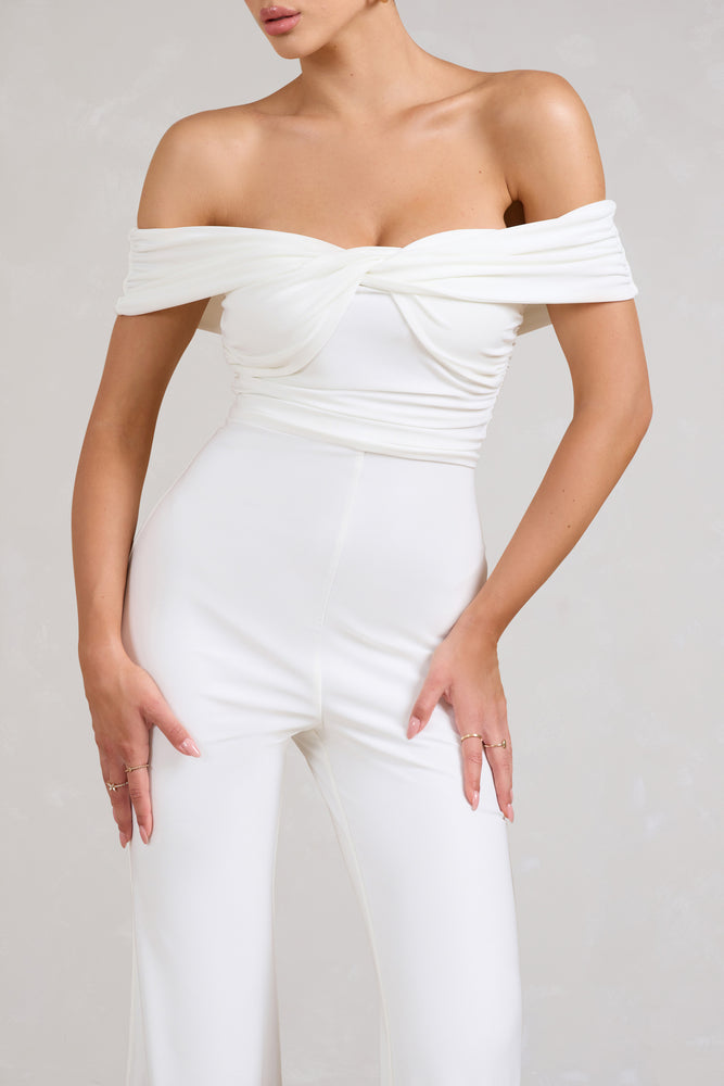 Recognition | White Off The Shoulder Ruched Jumpsuit