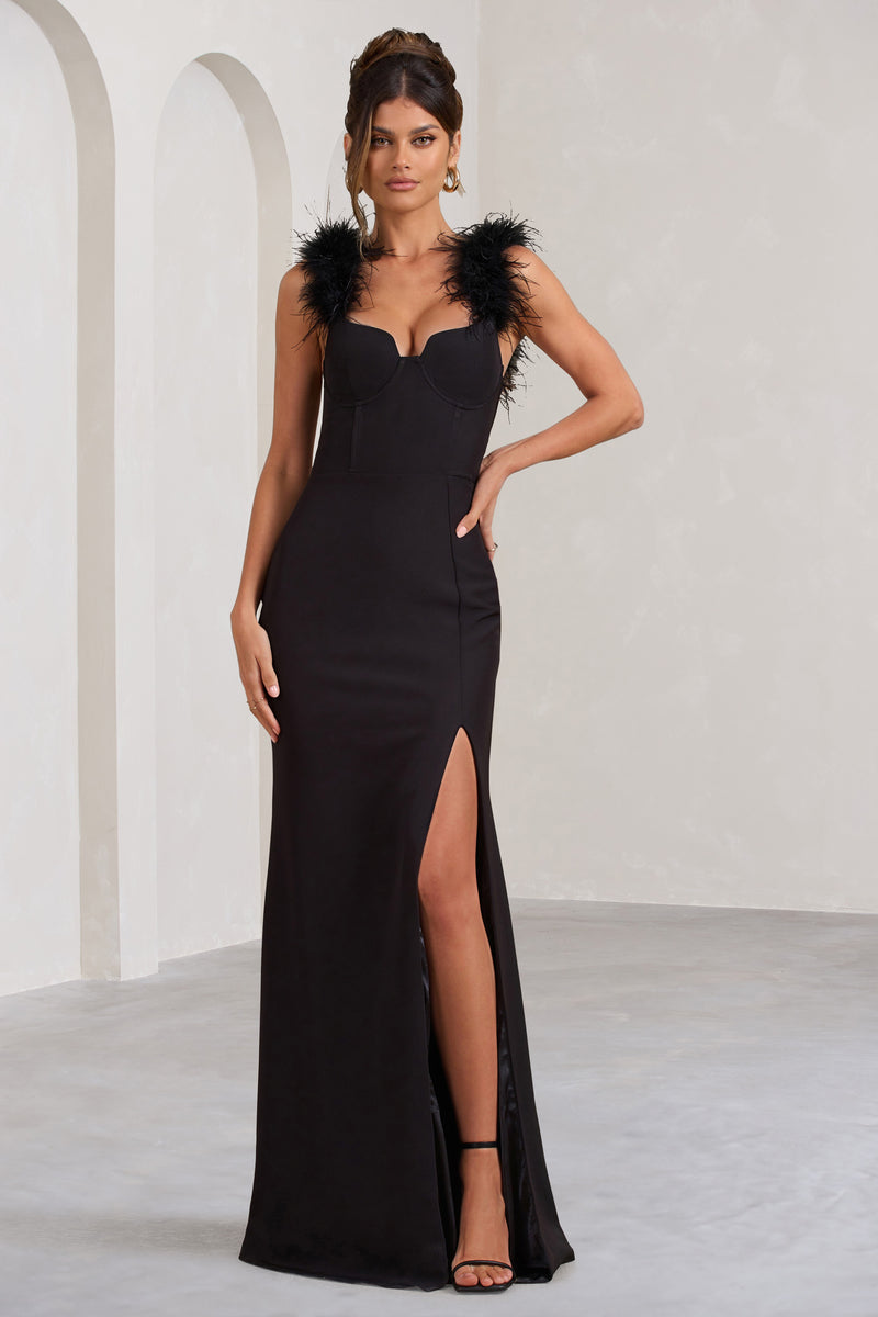 Lily Black Feather Shoulder Corset Style Maxi Dress – Club L London - UK