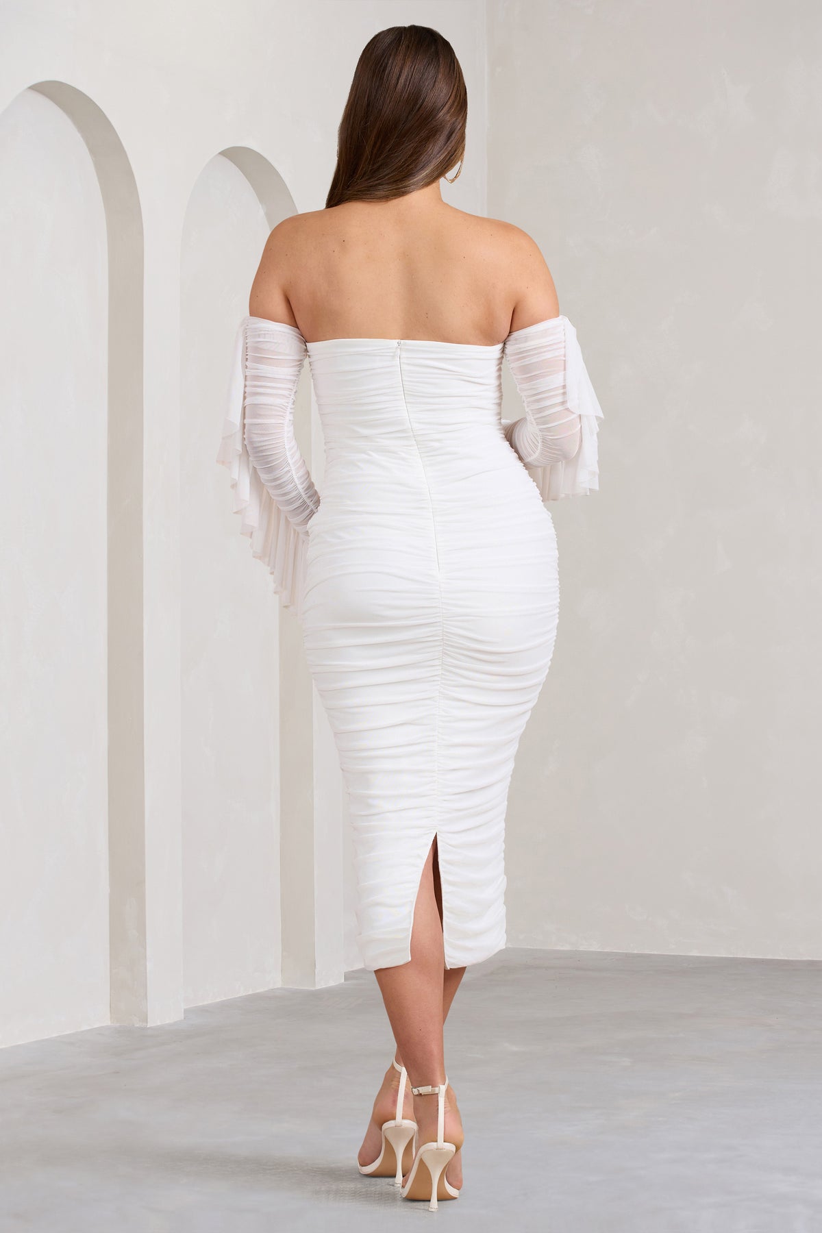 Aroma White Ruched Mesh Maternity Midi Dress With Ruffled Sleeves