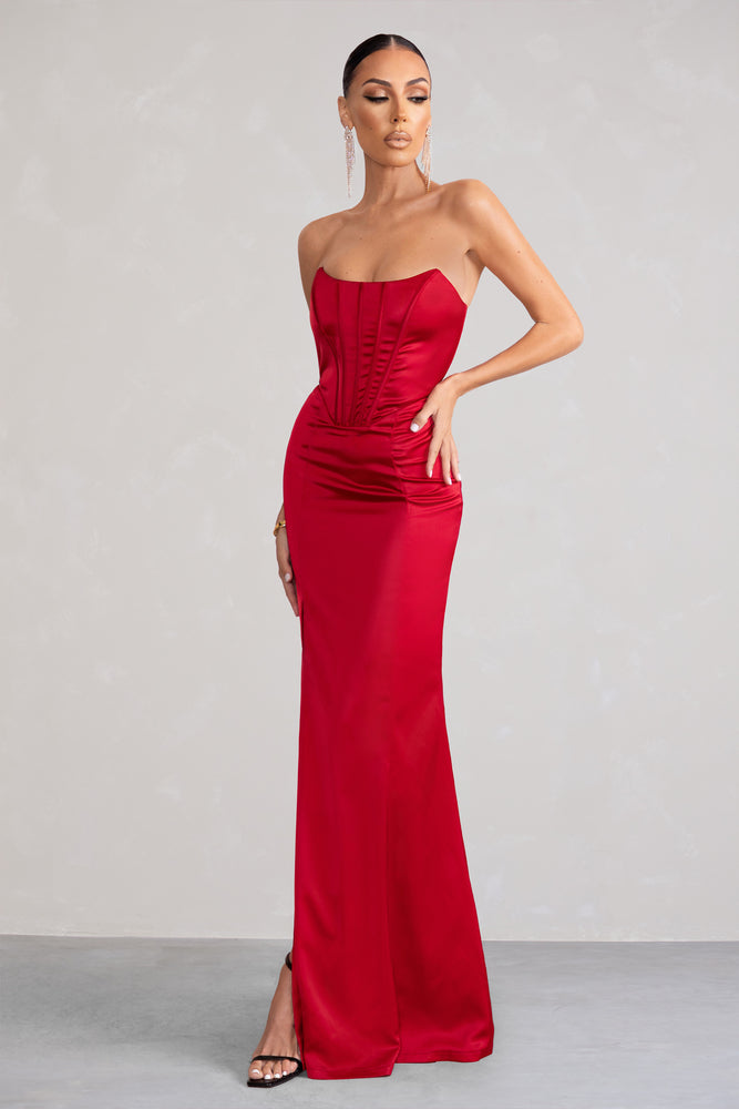 Sensual Notes Red Satin Strapless Corset Thigh Split Fishtail Maxi D ...