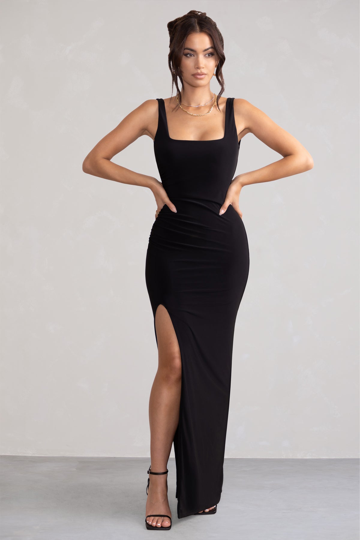 Kate Black Square Neck Maxi Dress with Plunge Back and Side Thigh Sp ...