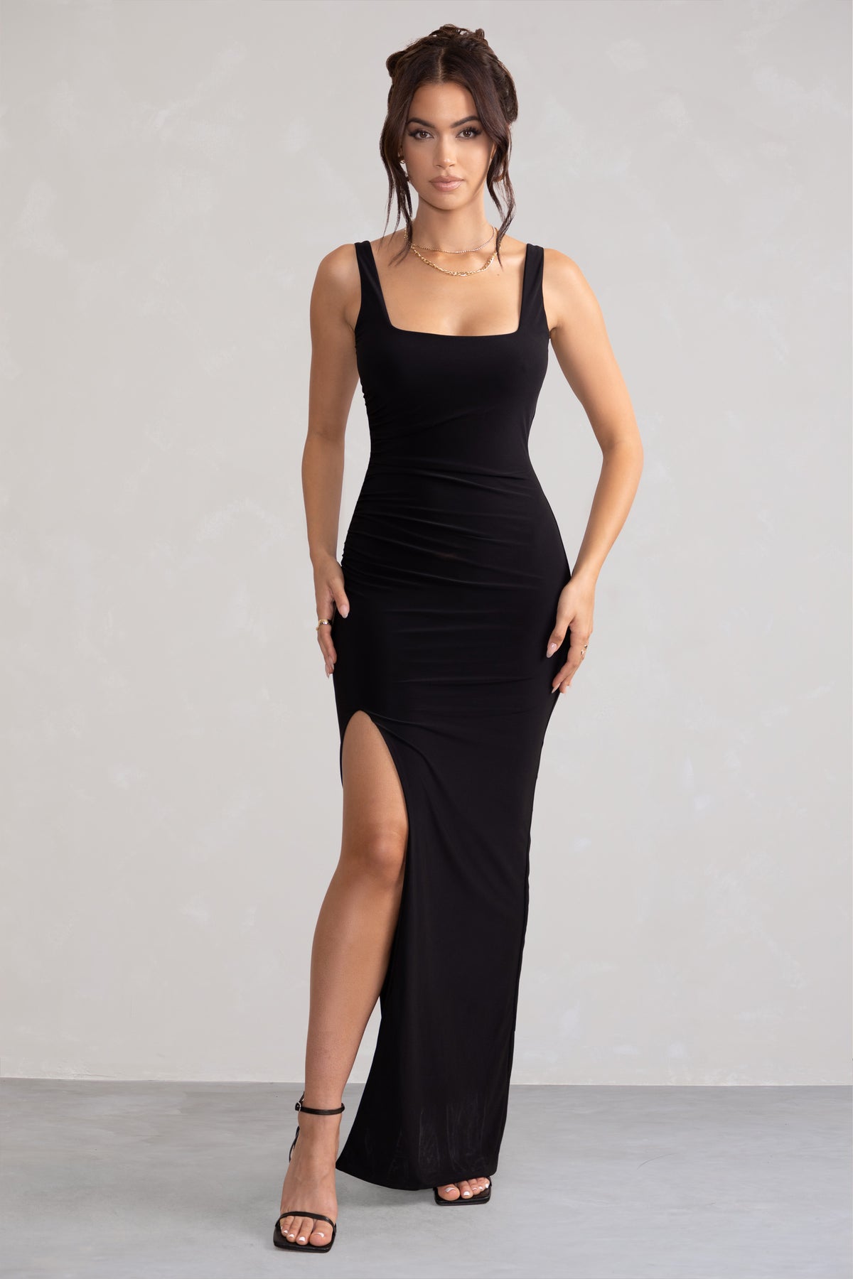 Kate Black Square Neck Maxi Dress with Plunge Back and Side Thigh Sp – Club  L London - UK