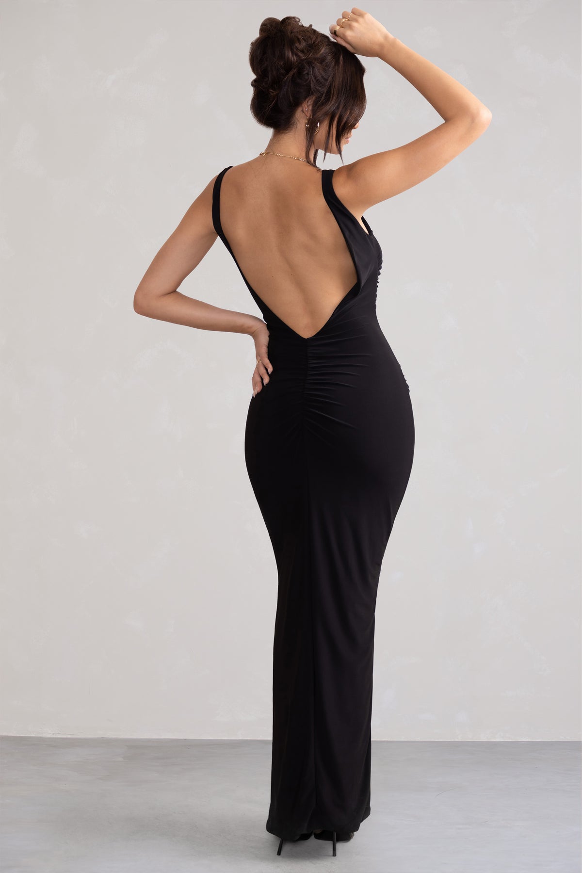 Kate Black Square Neck Maxi Dress with Plunge Back and Side Thigh