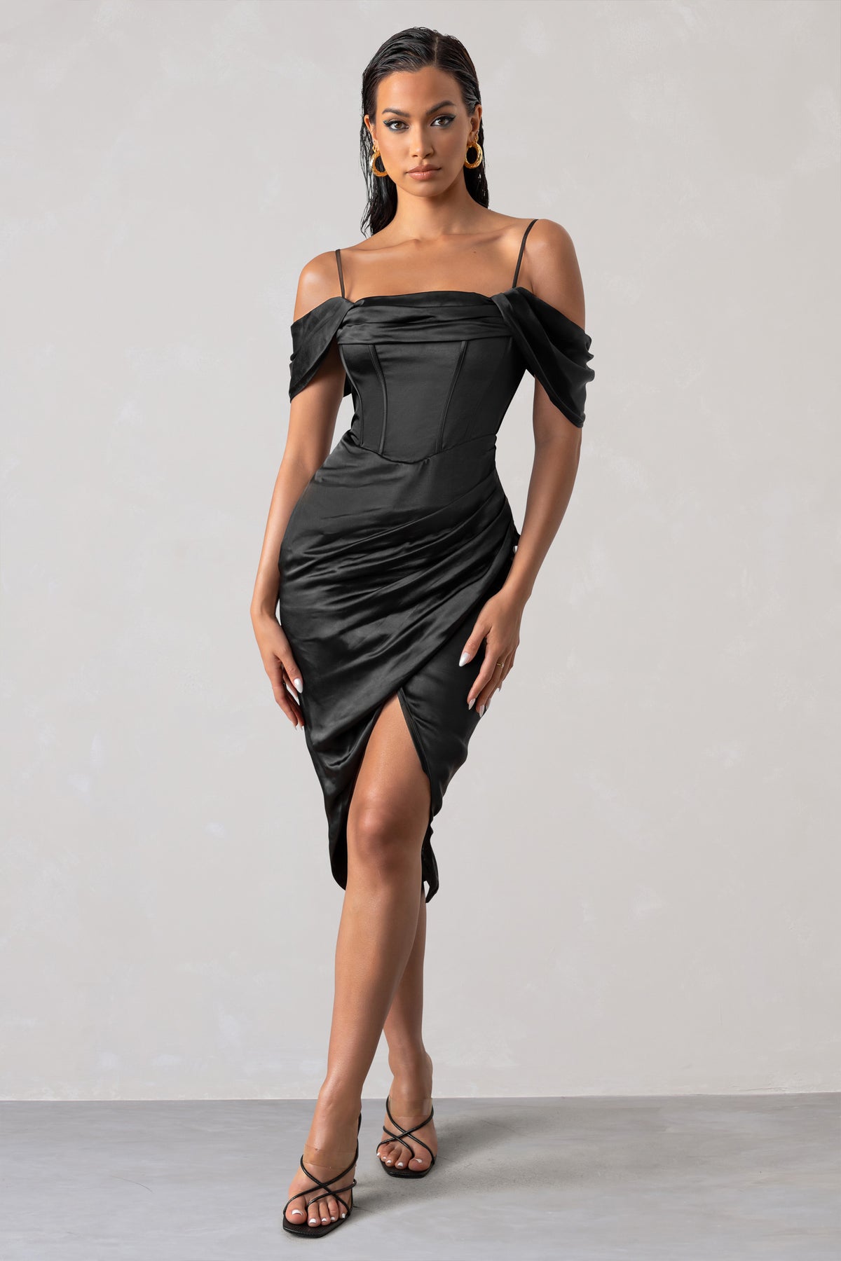 Deserving Black Satin Bardot Sleeve Corset Wrap Midi Dress – Club L ...