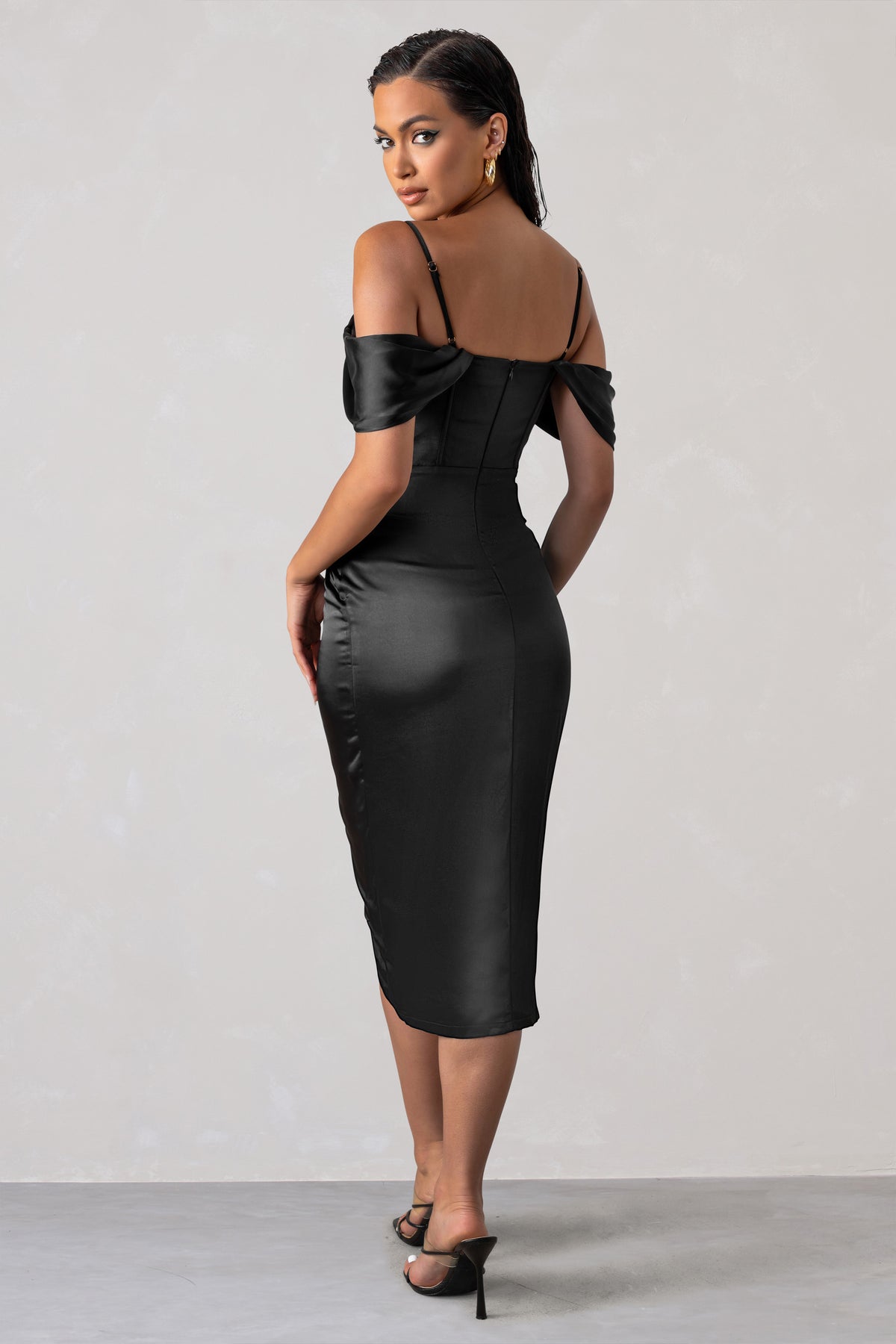Deserving Black Satin Bardot Sleeve Corset Wrap Midi Dress – Club