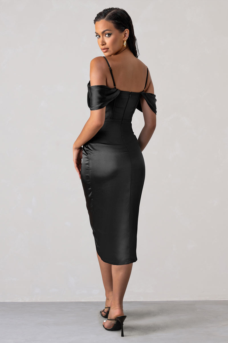 Deserving Black Satin Bardot Sleeve Corset Wrap Midi Dress – Club L ...