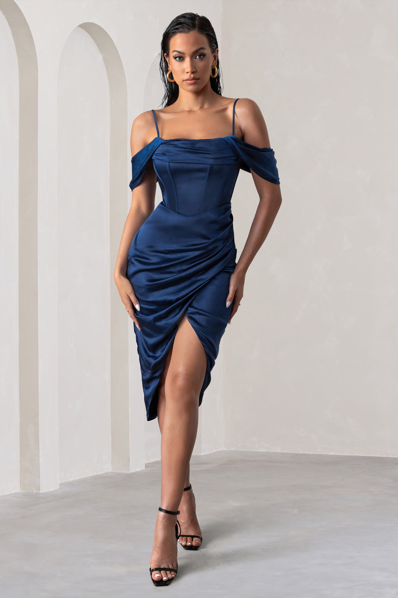 Deserving Navy Satin Bardot Sleeve Corset Wrap Midi Dress – Club L ...