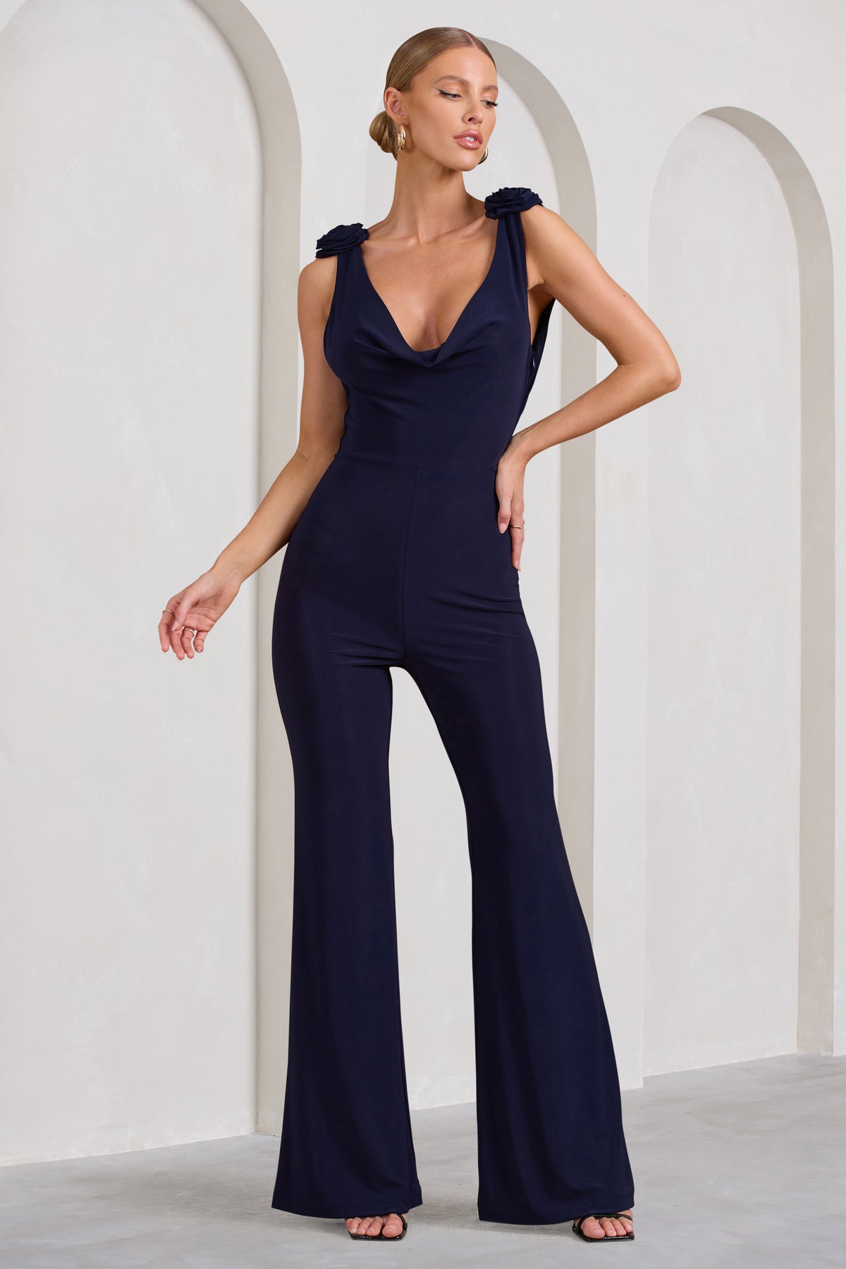 Posy Navy Cowl-Neck Jumpsuit With Corsages And Lace Detail – Club L ...
