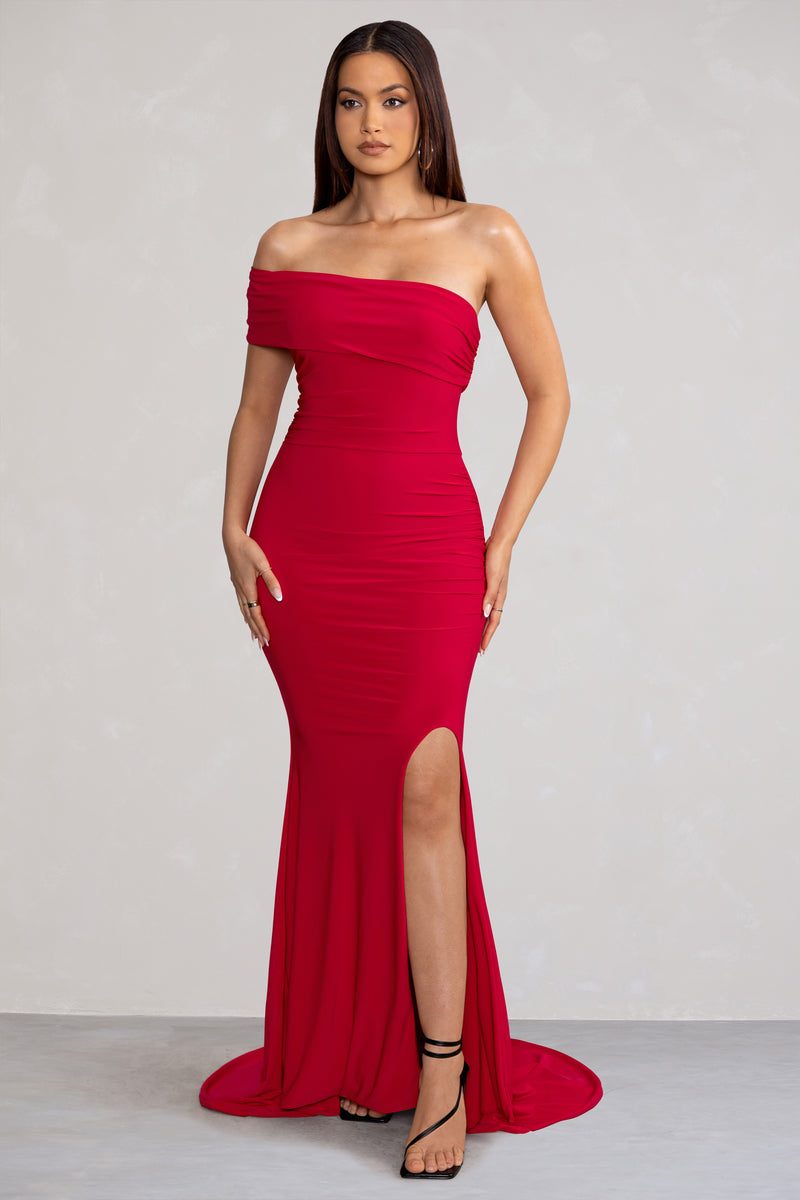 Forever & Always Red One Shoulder Ruched Fishtail Maxi Dress – Club L ...